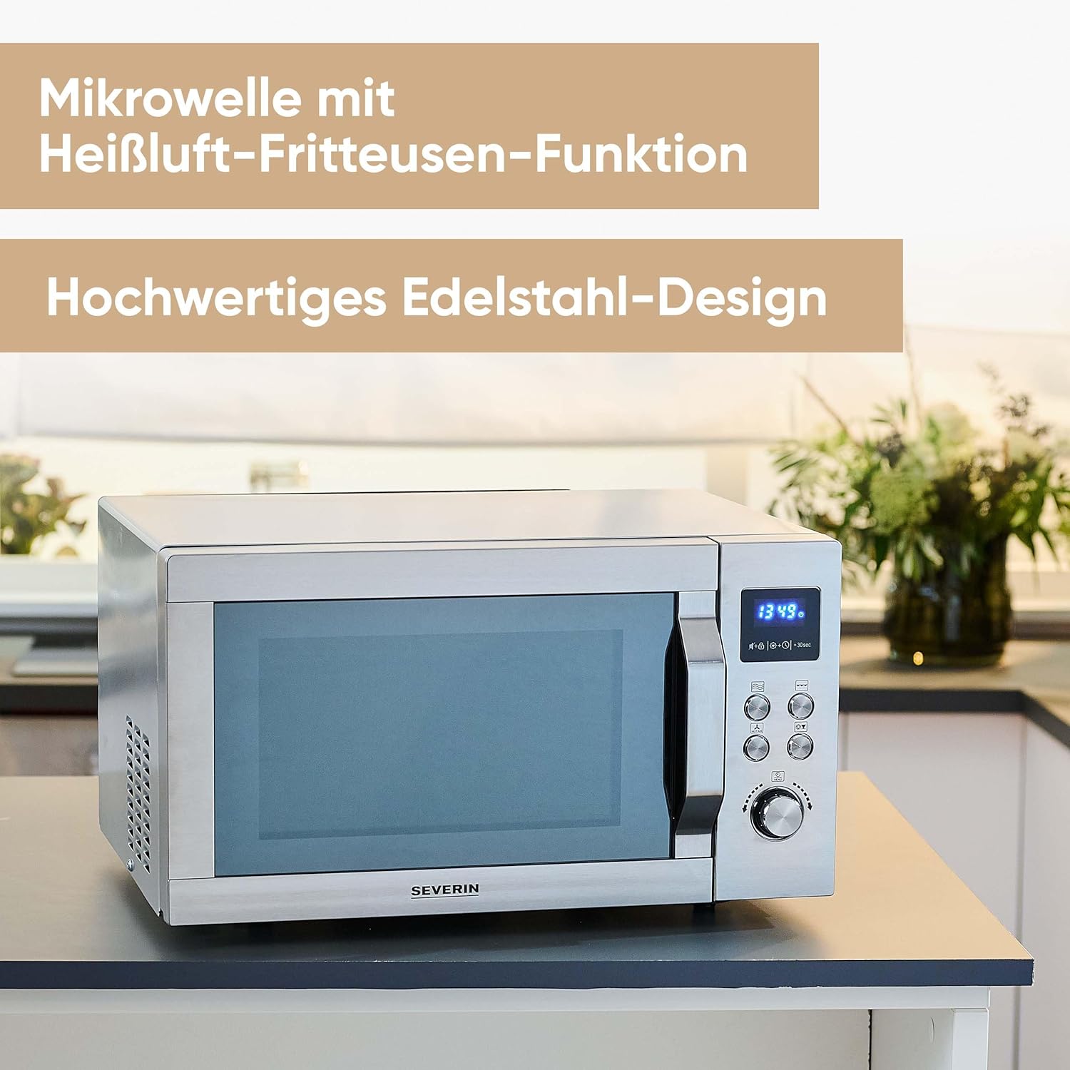 SEVERIN Mikrowelle mit Grill und Heißluftfunktion 3-in-1, zum Auftauen, Garen und Erhitzen, Mikrowelle mit Drehteller, Edelstahl-gebürstet/silber, MW 7774