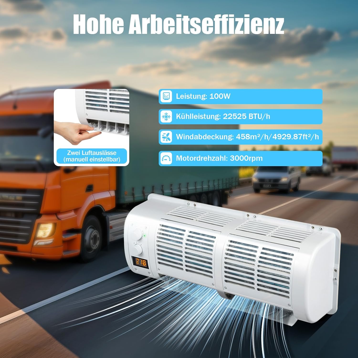 12V Auto Klimaanlage mit LCD Display 100W Auto-Klimaanlagengebläse für Lkw Gabelstapler Wohnmobile und Erntemaschinen Geräuschpegel 65 dB verstellbare Temperaturen 16 bis 30°C