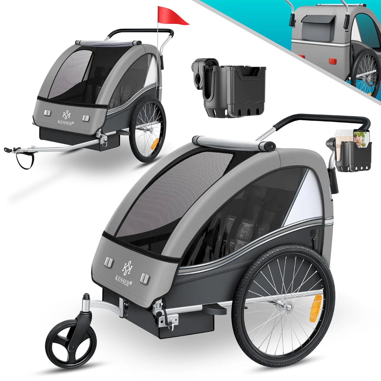 KESSER Kinderfahrradanh?nger Sport-RX 2in1 Jogger & Buggy 5-Punkt-Gurt Sicherheitsgurt 360�� Vorderrad Kinderfahrradanh?nger Reflektoren f��r 1-2 Kinder (max. 40 kg) Getr?nkehalter & Smartphonefach
