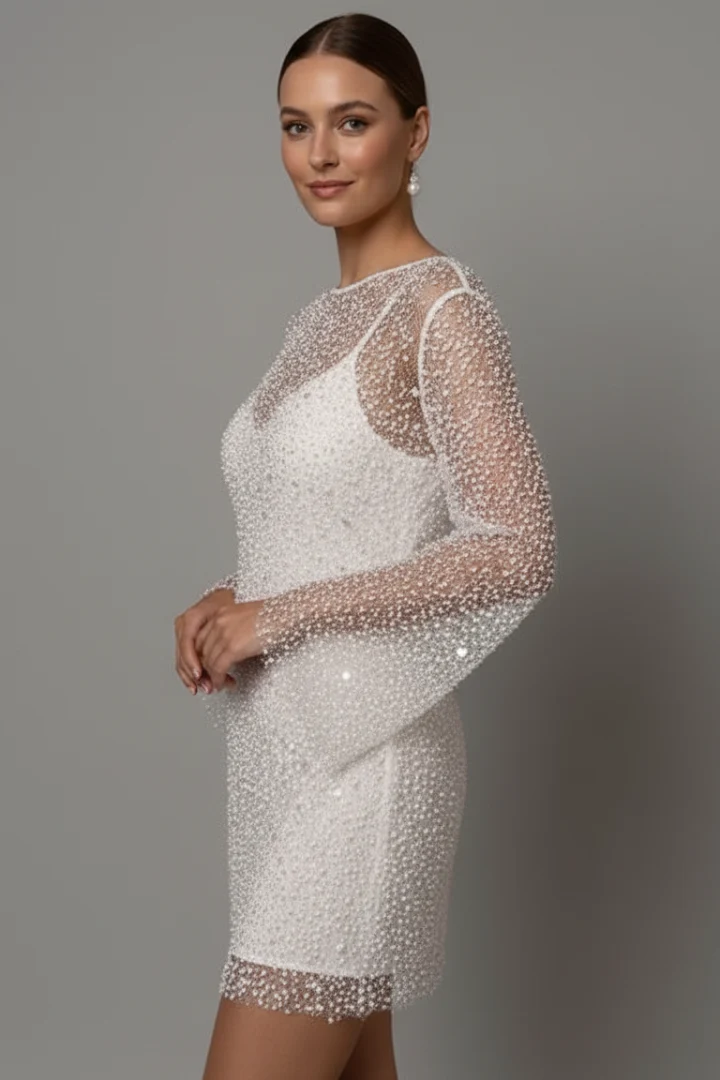 Damen Minikleid mit Mesh-Overlay und langen ?rmeln - Zweiteiliges Design mit ?rmellosem Unterkleid und Rundhalsausschnitt