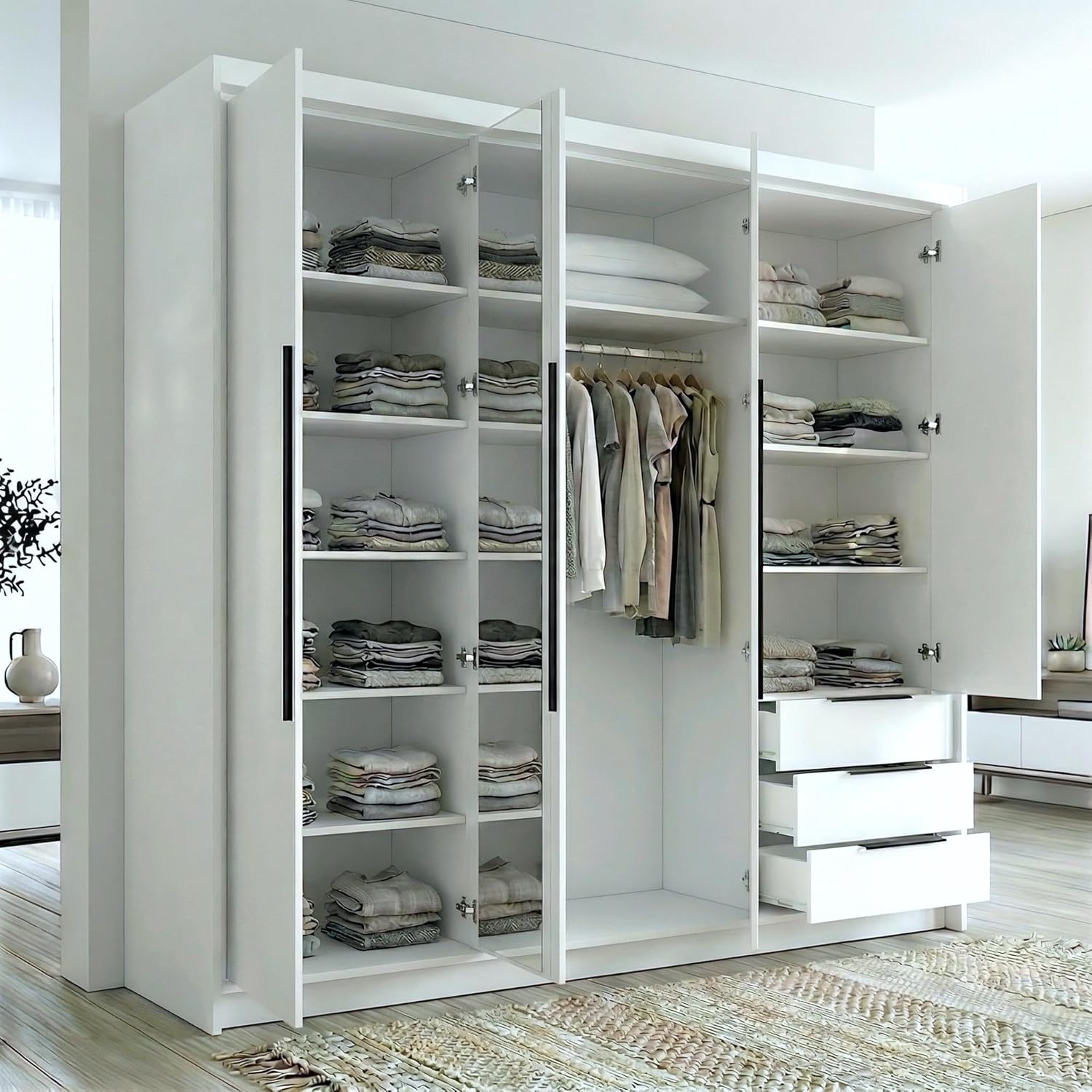 A und J MöbelLand VIVO Kleiderschrank 4-türig mit Spiegel und Schubladen - 200 x 215 cm - Drehtürenschrank mit Kleiderstange und Einlegeböden