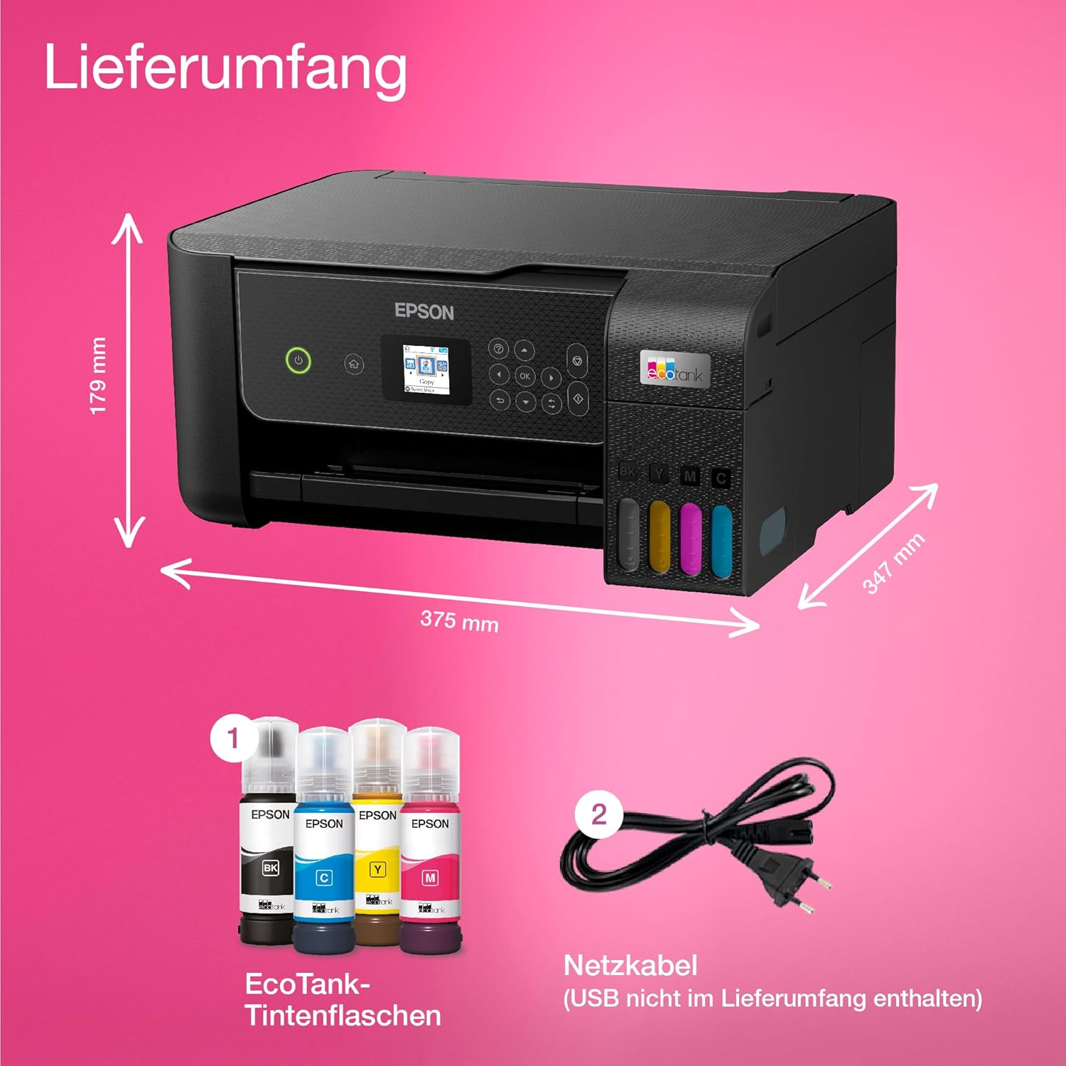 EcoTank ET-2870 Tintentankdrucker für vielbeschäftigte Haushalte WLAN A4 Drucken, Kopieren, Scannen 3.7 cm LCD-Display inkl. Tinte für bis zu 3 Jahre