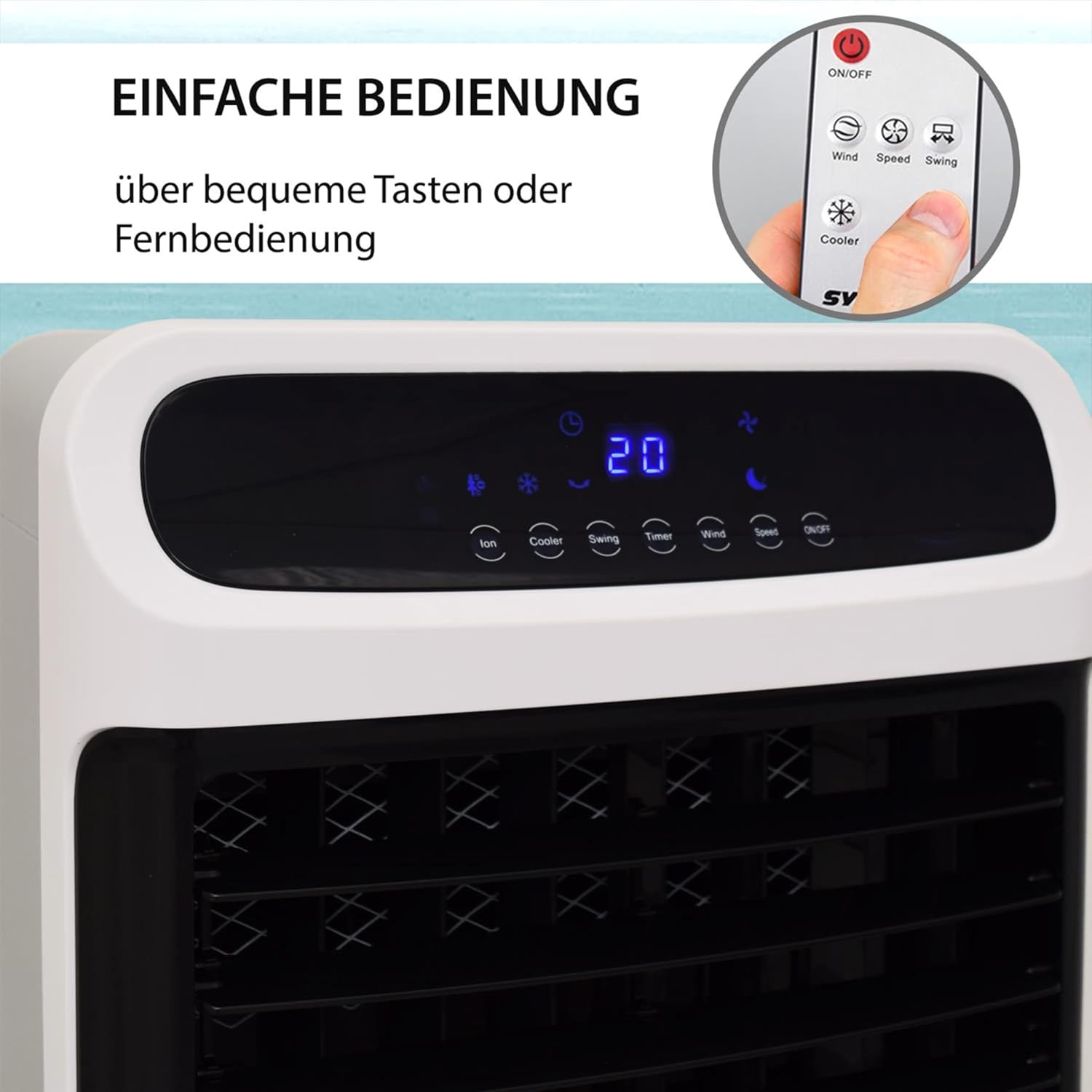 Syntrox Verdunstungskühler Windo | Luftkühler mit Wasser | Luftbefeuchter, Einstellbare Geschwindigkeiten und Timer, Effektive Kühlung gegen trockene Luft, für zuhause und Büro