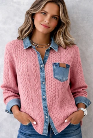 Schickes Strickhemd mit Denim-Details