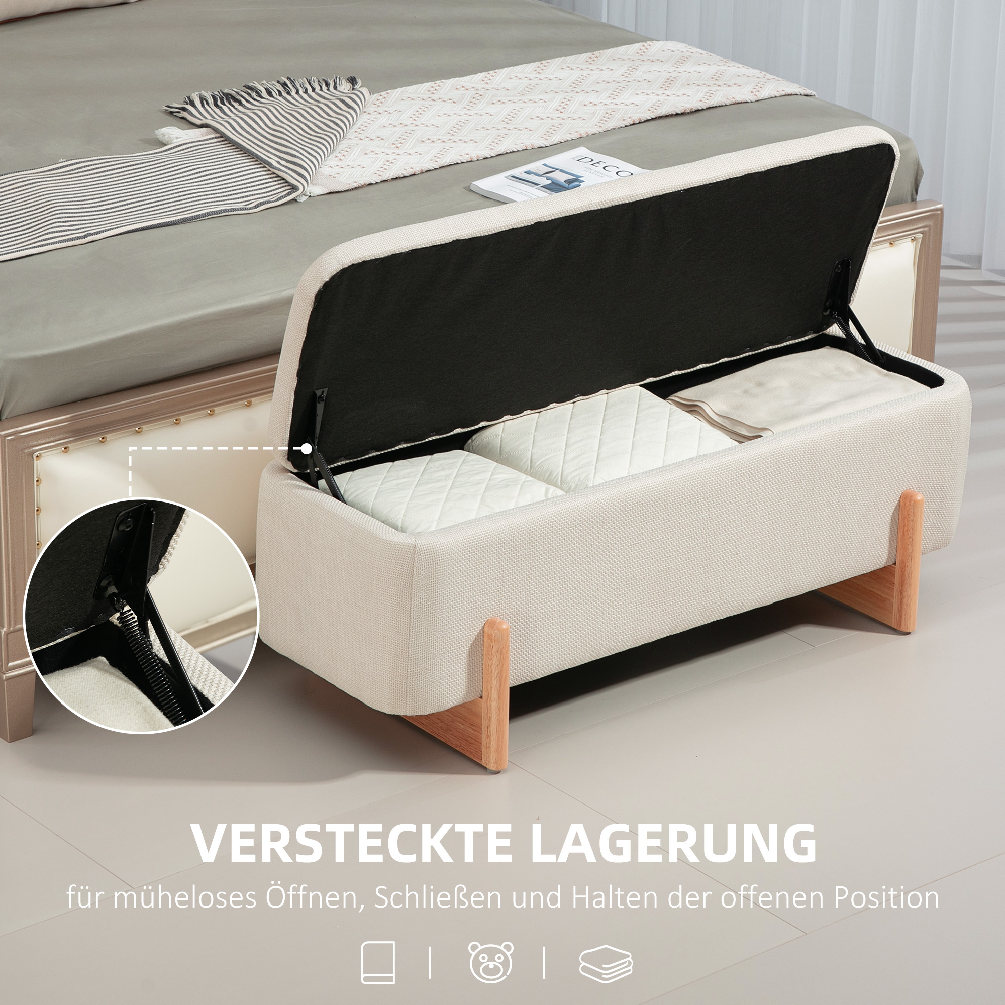 Kruk met Opbergruimte, Zitbank met Schuimstofpolstering, Linnenlook, 111 x 44 x 44,5 cm, Cr��mewit