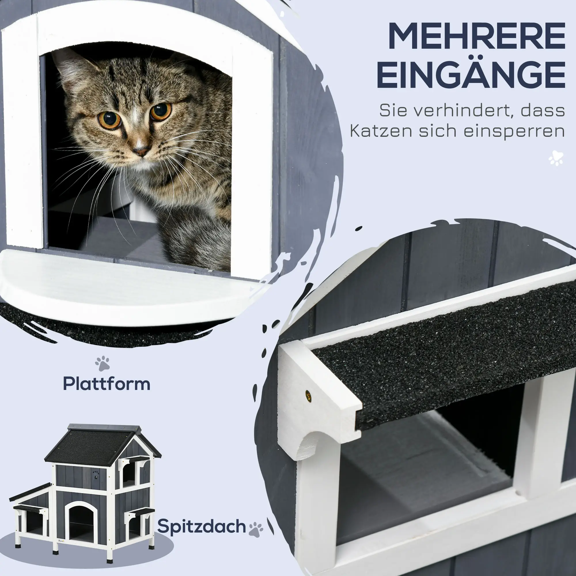 PawHut Kattenhuis voor buiten, 2 verdiepingen met asfaltdak en bloembak
