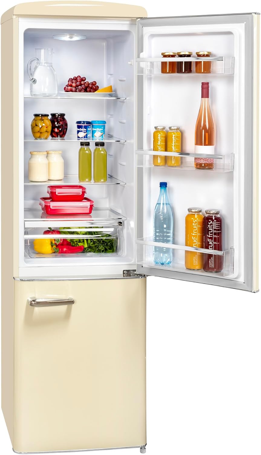 Exquisit Retro Kühlschrank RKGC250-70-H-160E Magnolienweiß - Kühl-Gefrierkombination 244 L, freistehend, LED-Licht, Glasablagen, Chromgriff