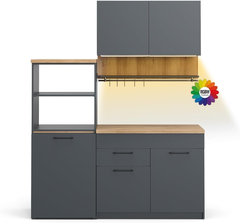 Vicco Küchenzeile Egbert, Anthrazit, 160 cm mit ausziehbarem Tisch mit LED-Leisten, mit integriertem Tellertrockner und seitlichen Regalablagen