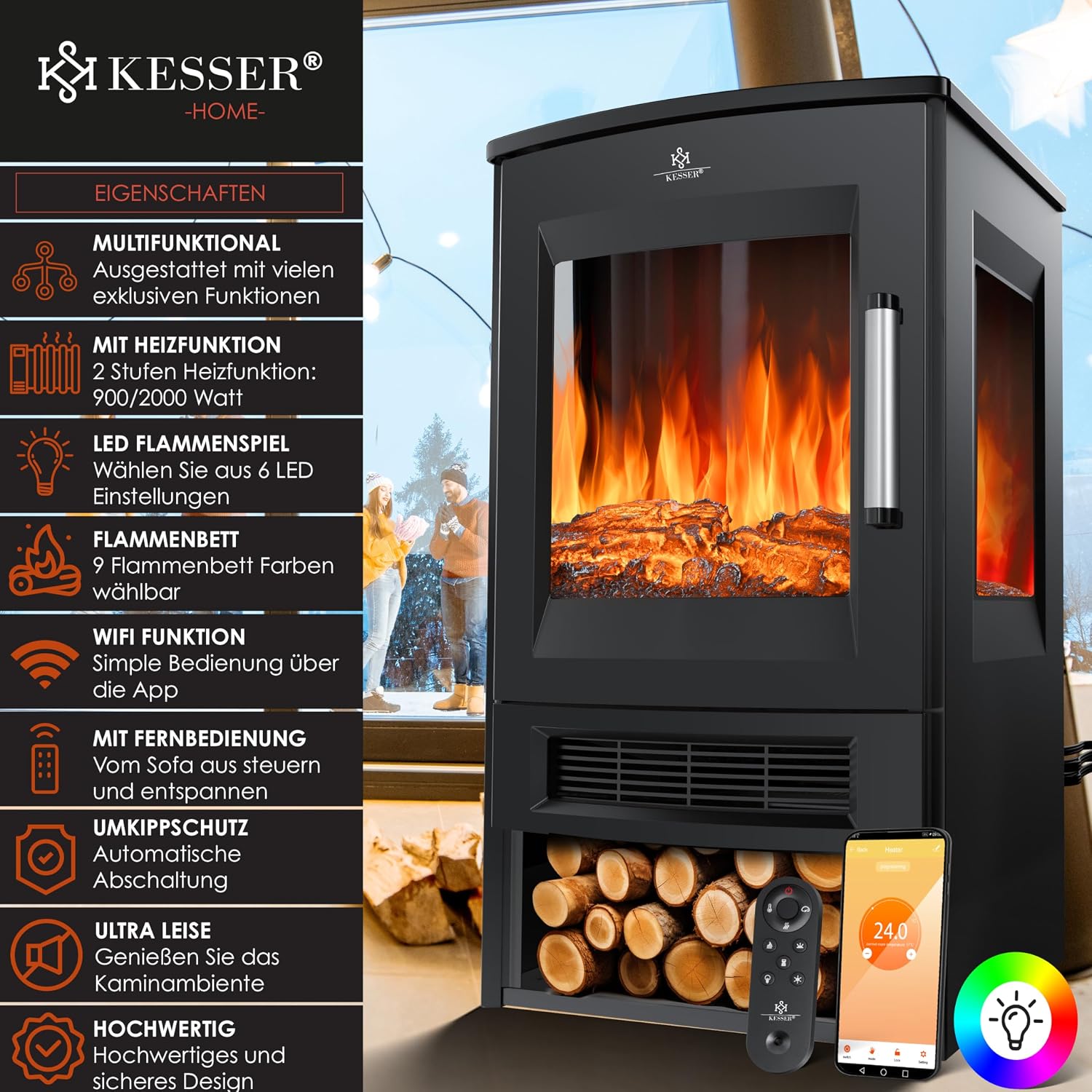 KESSER® Cheminée électrique avec Chauffage, fenêtre panoramique, Ventilateur Chauffant, Effet de Flamme LED avec 9 Modes de Couleur, télécommande, Application WiFi, 900/1800 W, (Noir)