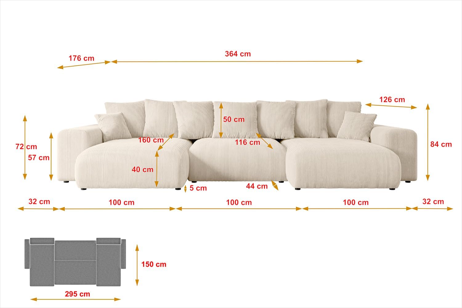 ALTDECOR Ecksofa mit Schlaffunktion und Bettkasten Corner Sofa Eckcouch Couch U-Form universal, Links/rechts angeordnet Schlafcouch Ausziehbar Wohnlandschaft Eskar-U -364x176x84cm Beige