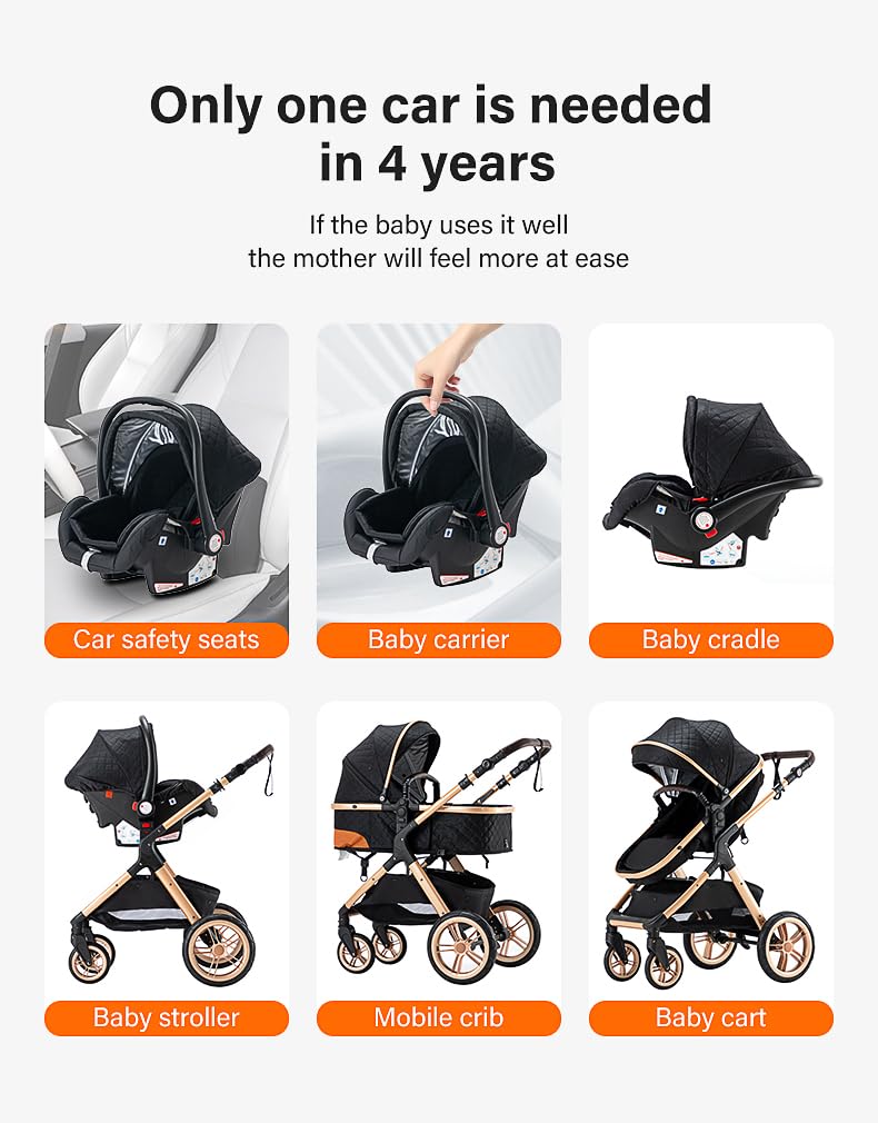 YAZOCO kinderwagen 3 in 1 Buggy Babybett Komplett Set Einem Klick Zusammenklappbarer Kinderwagen, KombiKinderwagen Aluminiumrahmen für Neugeborene Sitzzubehör (1 schwarz)