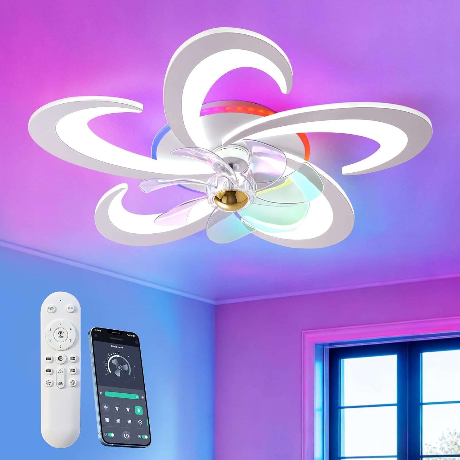 RGB Deckenlampe Mit Ventilator, Dimmbar Deckenventilator mit Beleuchtung und Fernbedienung/APP, RGB Deckenventilator mit Lampe für Schlafzimmer, Wohnzimmer, Leise, 6-Speed