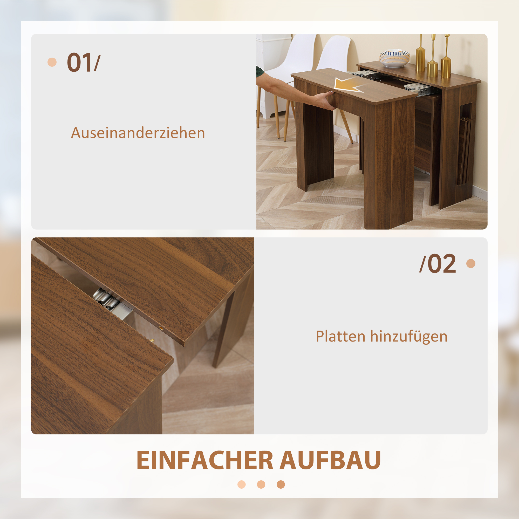 Uitklapbare Uitschuifbare Eettafel - Mobiele Eettafel - Modern Ontwerp - 180cm x 85cm x 75cm - Bruin