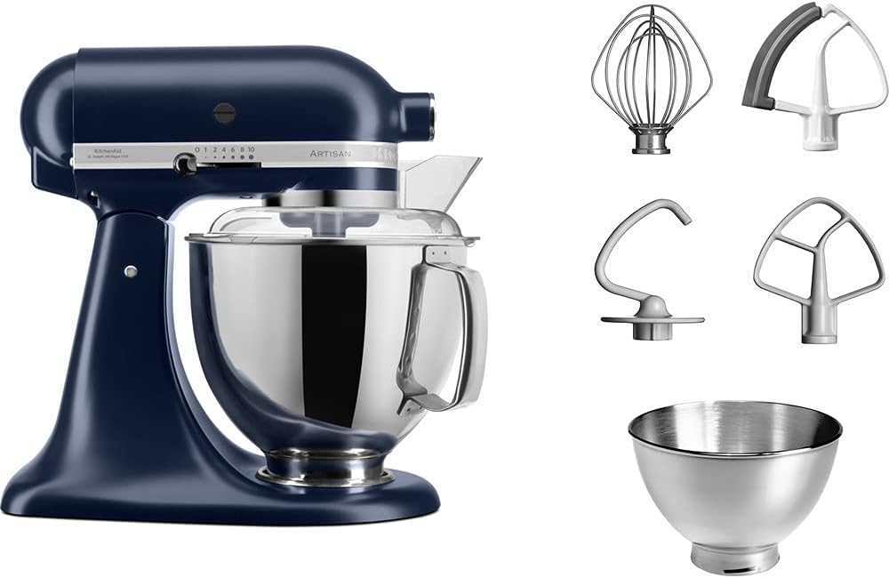 KitchenAid Küchenmaschine I Artisan I Kippbarem Food Processor I Teigknetmaschine mit 5 Zubehör | 2 Schüsseln aus Edelstahl | 4.8 L | Schwarz