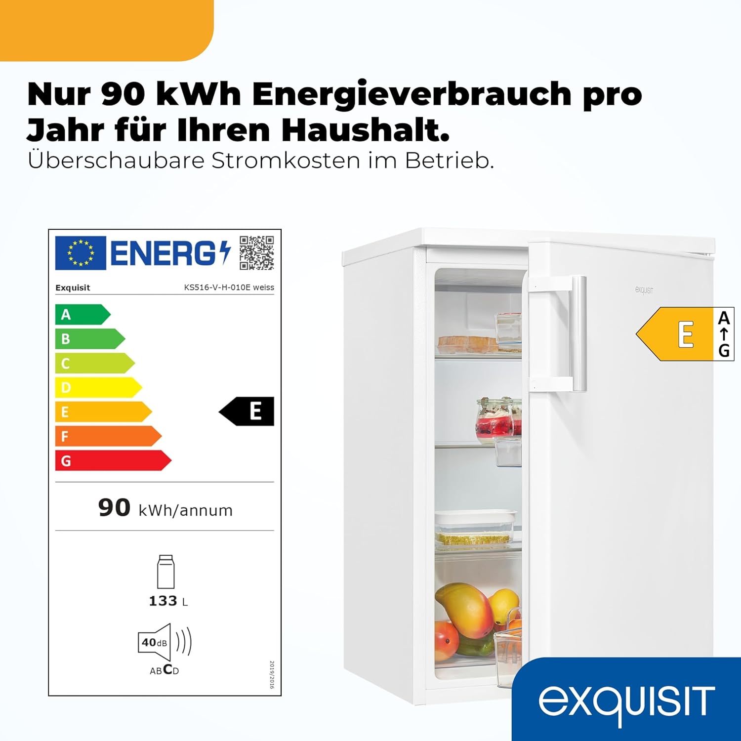 Exquisit Vollraumkühlschrank 133 l Nutzinhalt, Energieklasse E, 40 dB(A) kompakte Bauform, LED-Innenbeleuchtung, manuelle Temperaturregelung, Flaschenfach, Gemüseschublade KS516-V-H-010E weiss