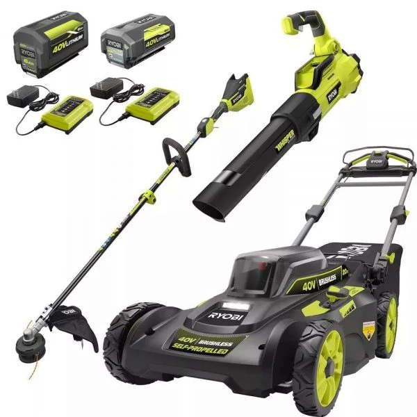 40V Brushless 20 in. Walk Behind Self Propelled Mower String Trimmer Leaf Blower with (2) Batteries and (2) Chargers