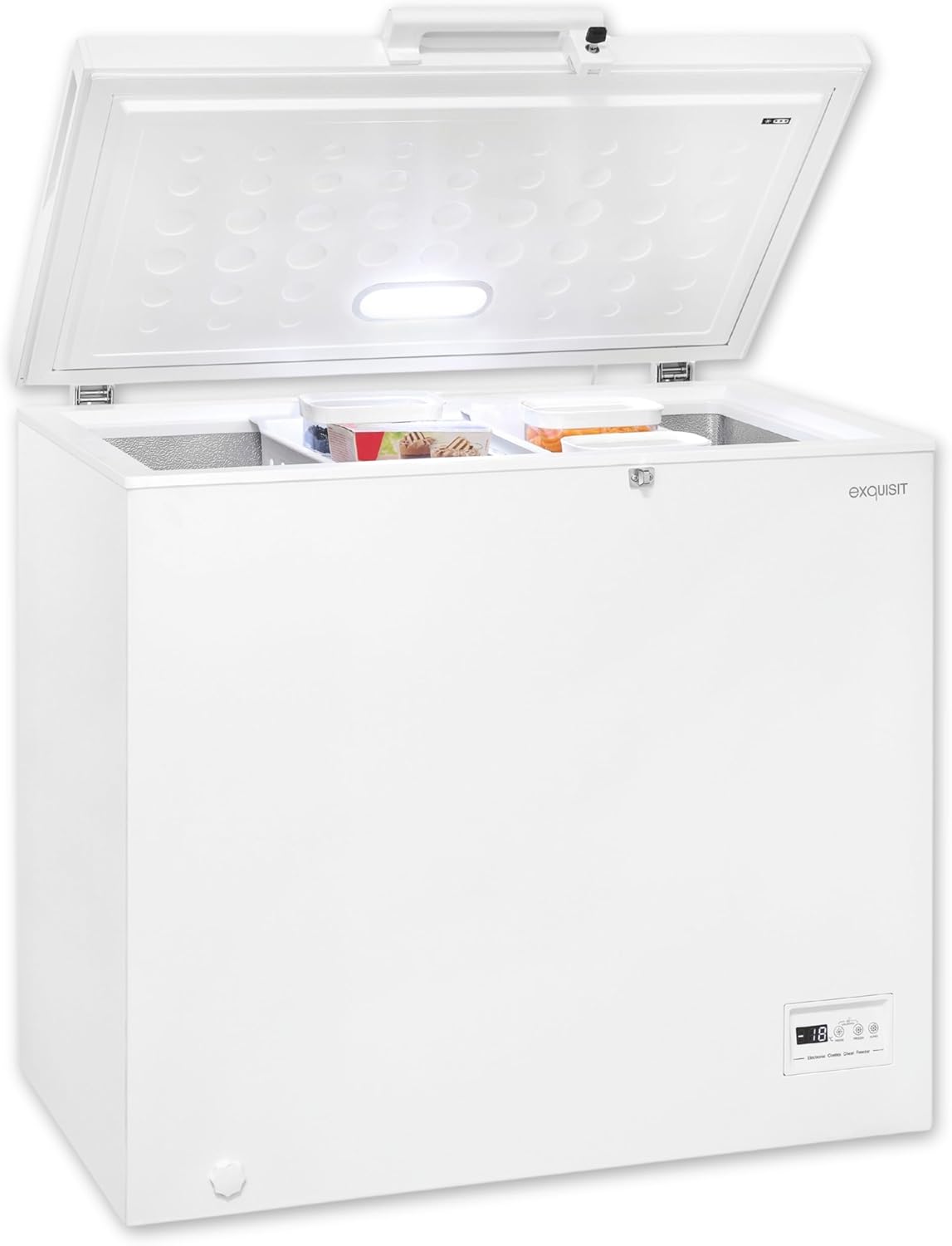 Exquisit Gefriertruhe, Kühlfunktion, 2-in-1, 198 Liter, Türschloss, 4-Sterne-Gefrieren, Schnellgefrieren, 2 Rollen, GT201-HE-040E weiss