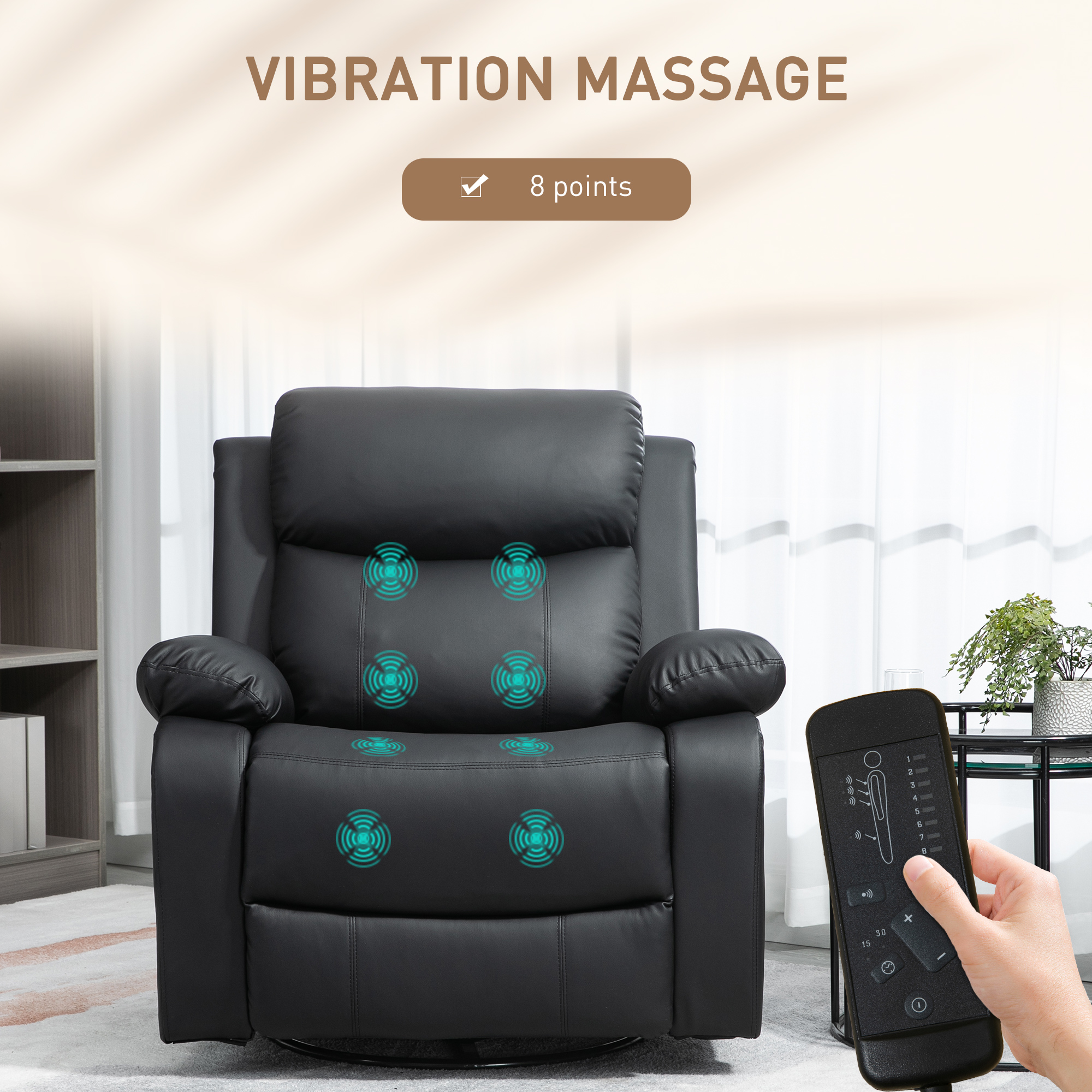 Massagestoel met 8 trillingskoppen, relaxfauteuil, verstelbare rugleuning en voetsteun, zwart