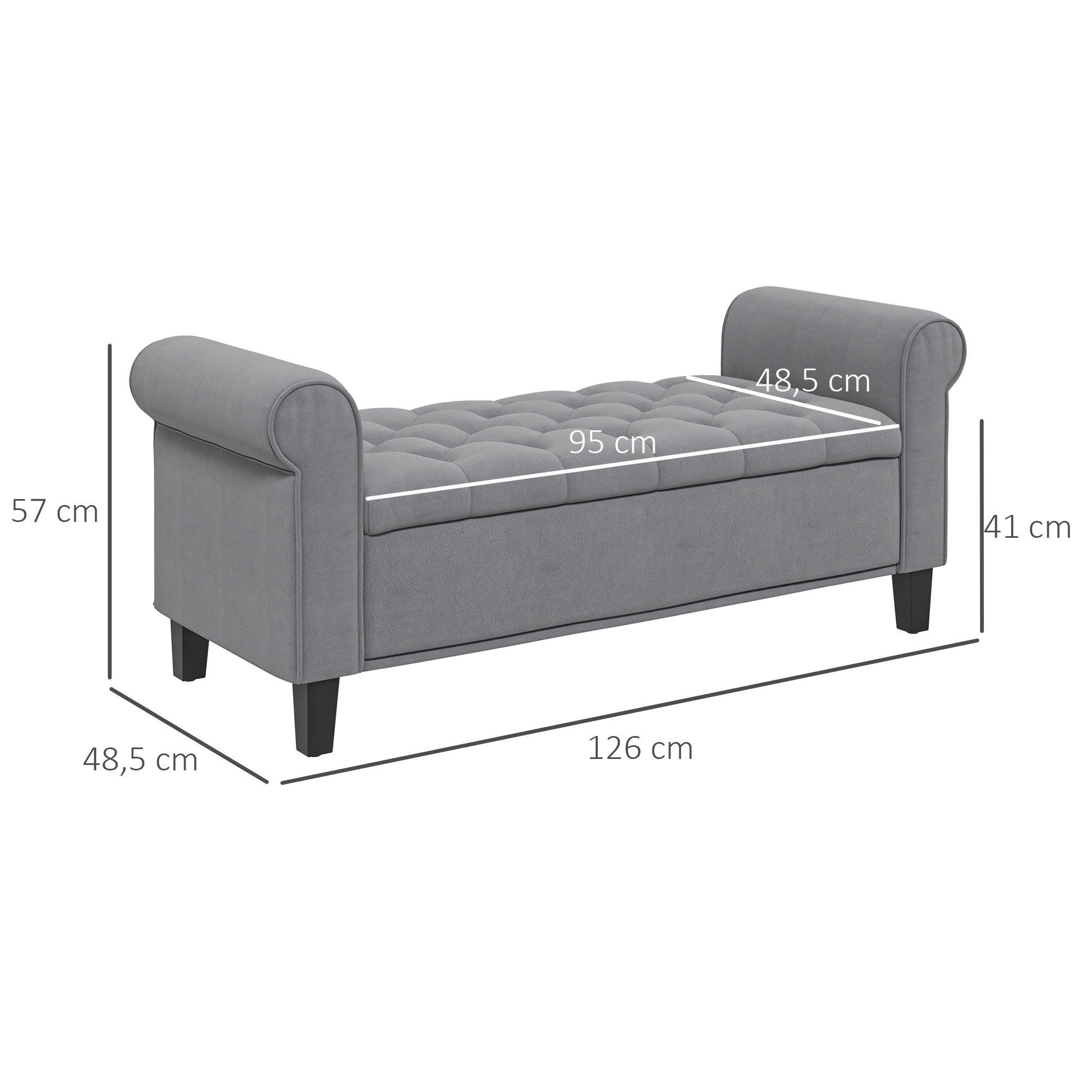 Zitbank Polsterbank Bedbank, Knoopstiksel, Fluweelachtige Afwerking, 126 cm x 48,5 cm x 57 cm, Grijs