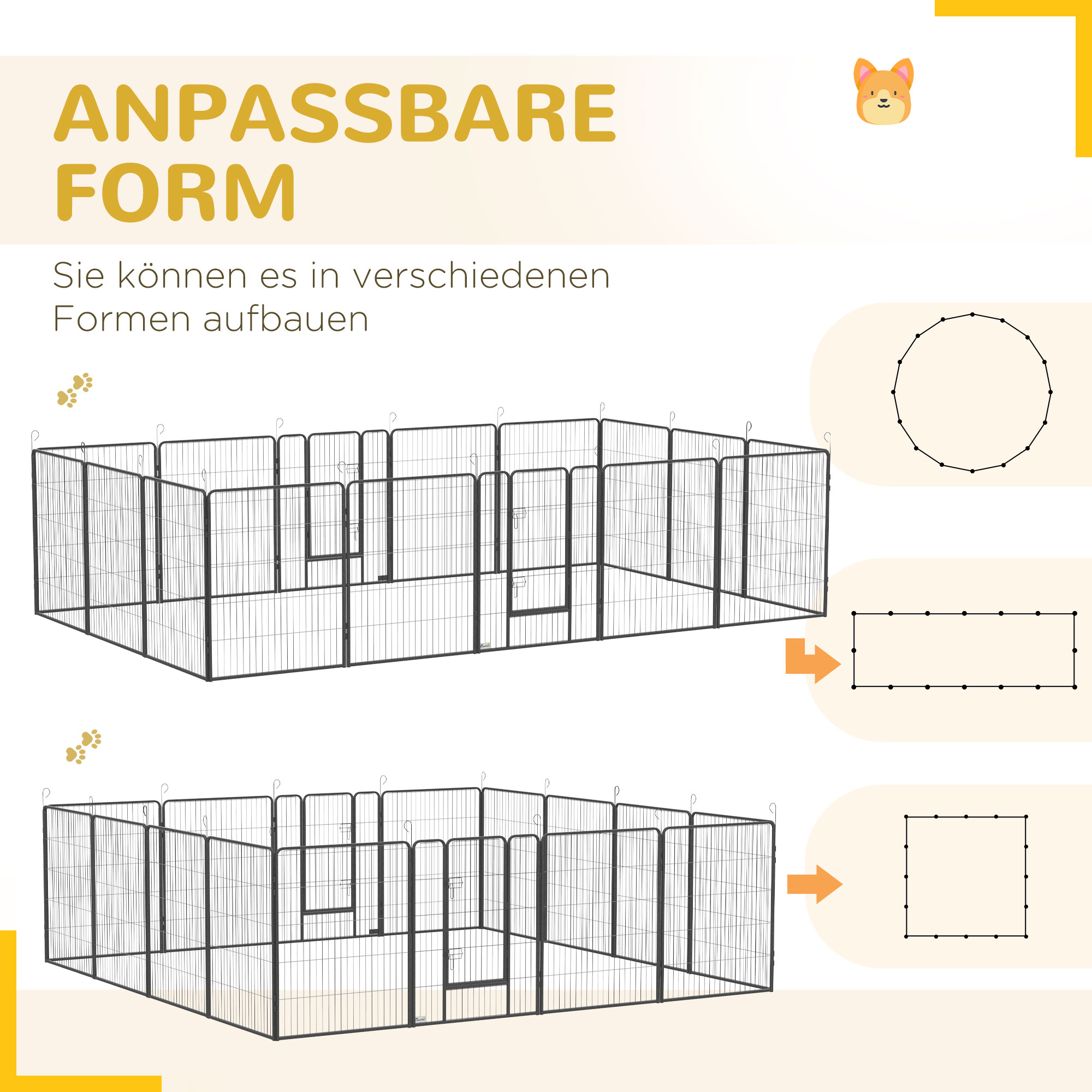 PawHut Puppy Run modulair ontwerp 16 panelen 2 deuren weerbestendig staal 3,2 x 3,2 x 1 m grijs