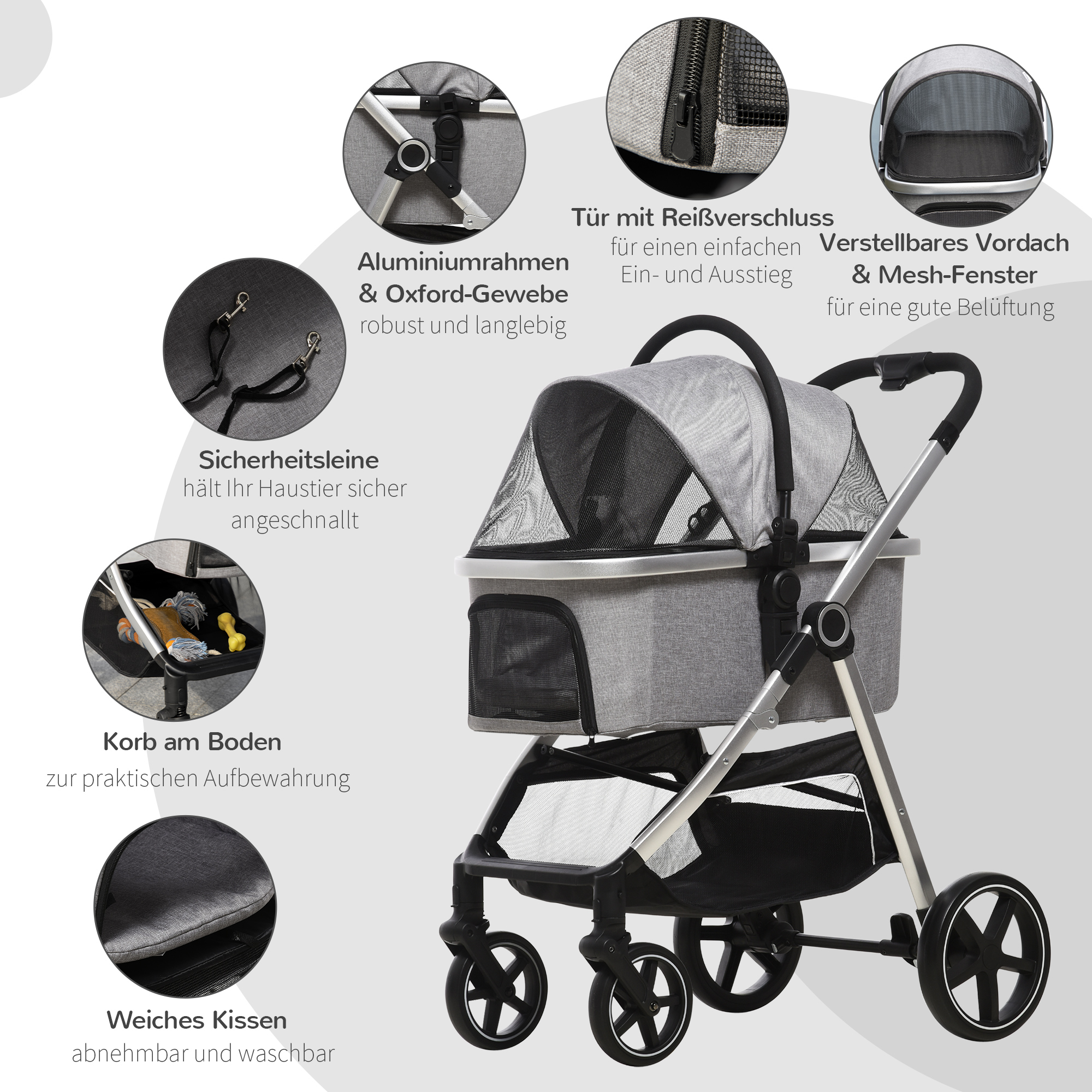 hondenkar, 2-in-1 hondenwagen, draagtas, opvouwbare hondenbuggy, grijs