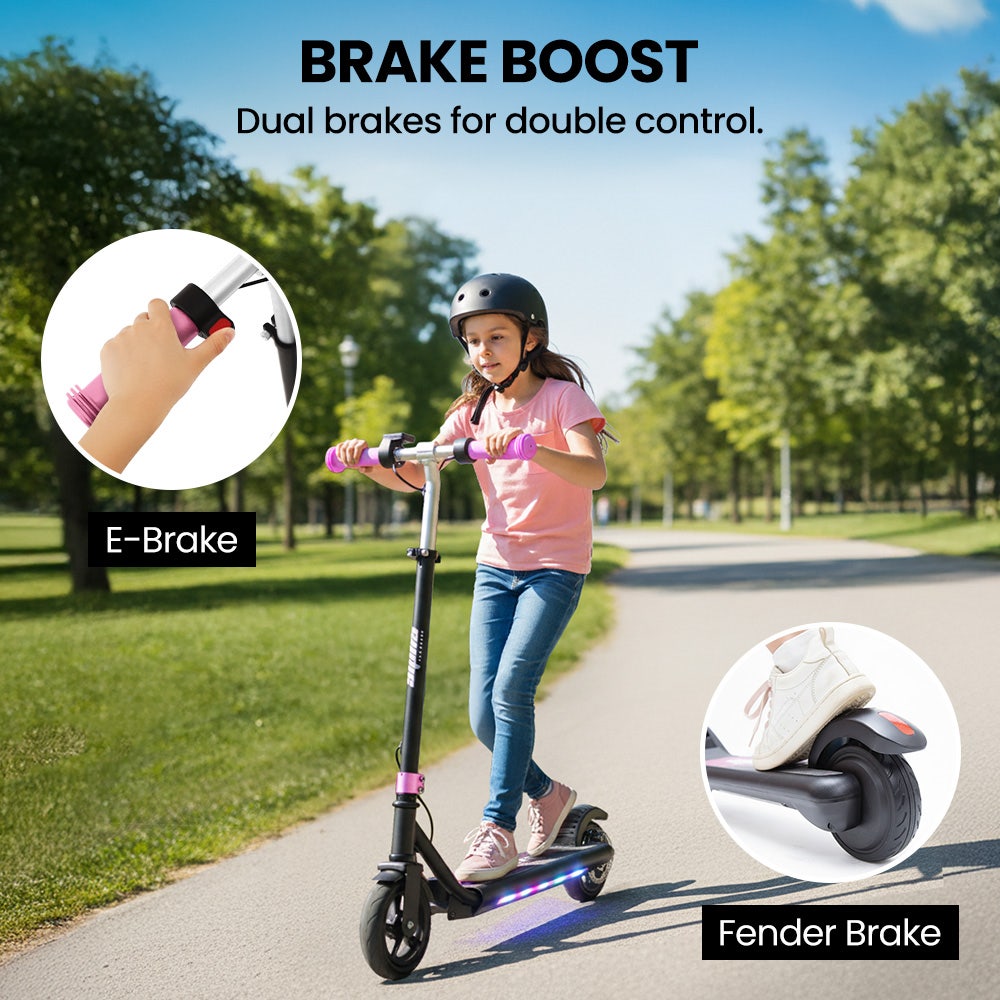 ALPHA Edge Electric Scooter Kids/Teens, 16km/h Max, Adjustable Height, UL Certified, AU Compliant, Dual Brakes, Bluetooth Music, LED, Pink