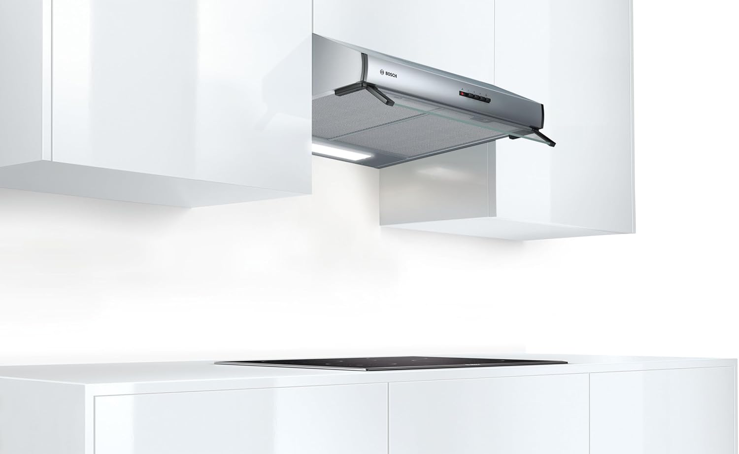 Bosch DUL63CC50 Serie 4 Unterbauhaube, 60 cm breit, Um-  und  Abluft, LED-Beleuchtung gleichmäßige Ausleuchtung, Drucktastenschalter, 3 Leistungsstufen, Metallfettfilter spülmaschinengeeignet, Edelstahl