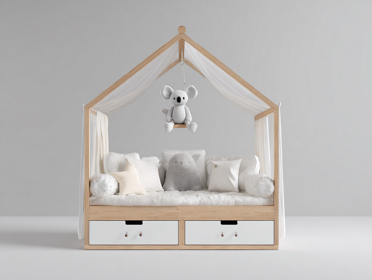 Hausbett-Holzrahmen-160x80x155cm-Natur-Weiß-Stoffdesign-Schubladen-Hausdesign