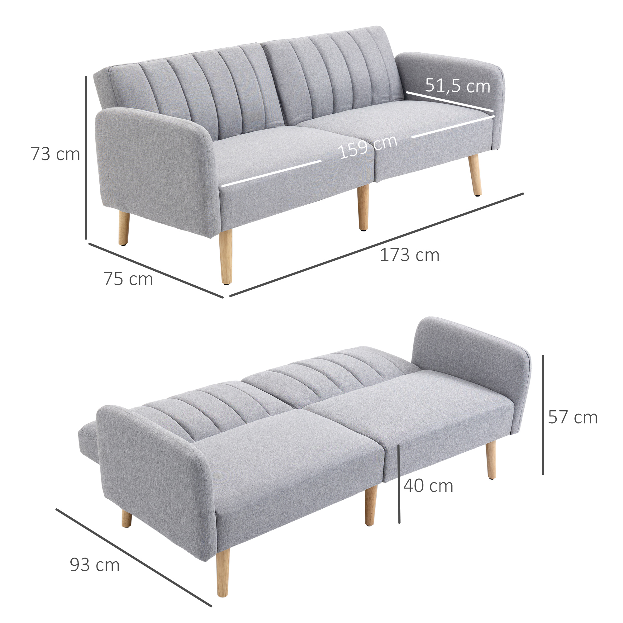Slaapbank, 2-zits stofbank, Bank met slaapfunctie, linnen-look polyester, rubberhout, 173 x 75 x 73 cm, Grijs