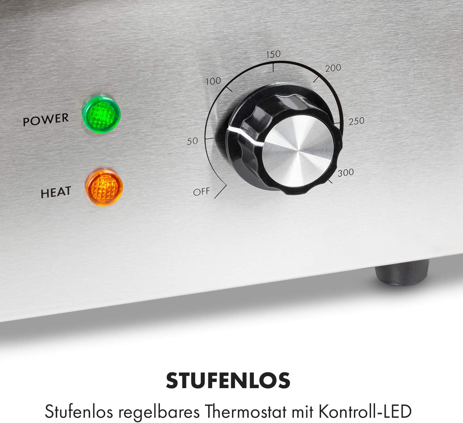 Klarstein Elektrogrill, Grillplatte, Elektrische Grillplatte, Tischgrill, Elektrogrill aus Edelstahl, Spritzschutz & Auffangbehälter, Glatte XL Grillfläche: 54,5x35 cm, Stufenlos 50-300 °C, 3000 Watt