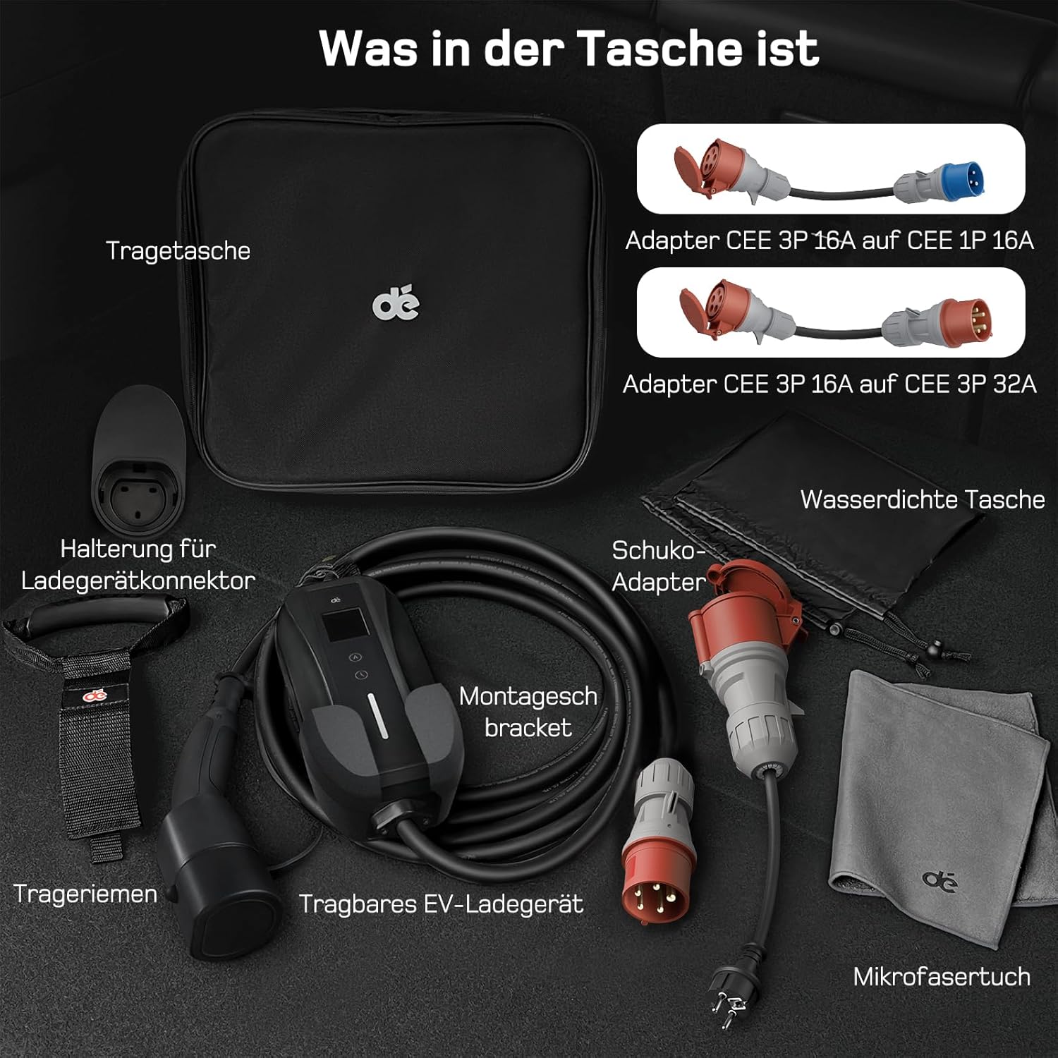 dé Mobile Wallbox/Ladestation 11kW [3-phasig|7m|6-16A] mit Traveller Adapter Set, Ladekabel CEE 16A auf Typ 2 und EV Ladegerät für Model Y/3, ID.3/4/5, MG4, EX30, e-up, e-tron, Zoe und andere EV