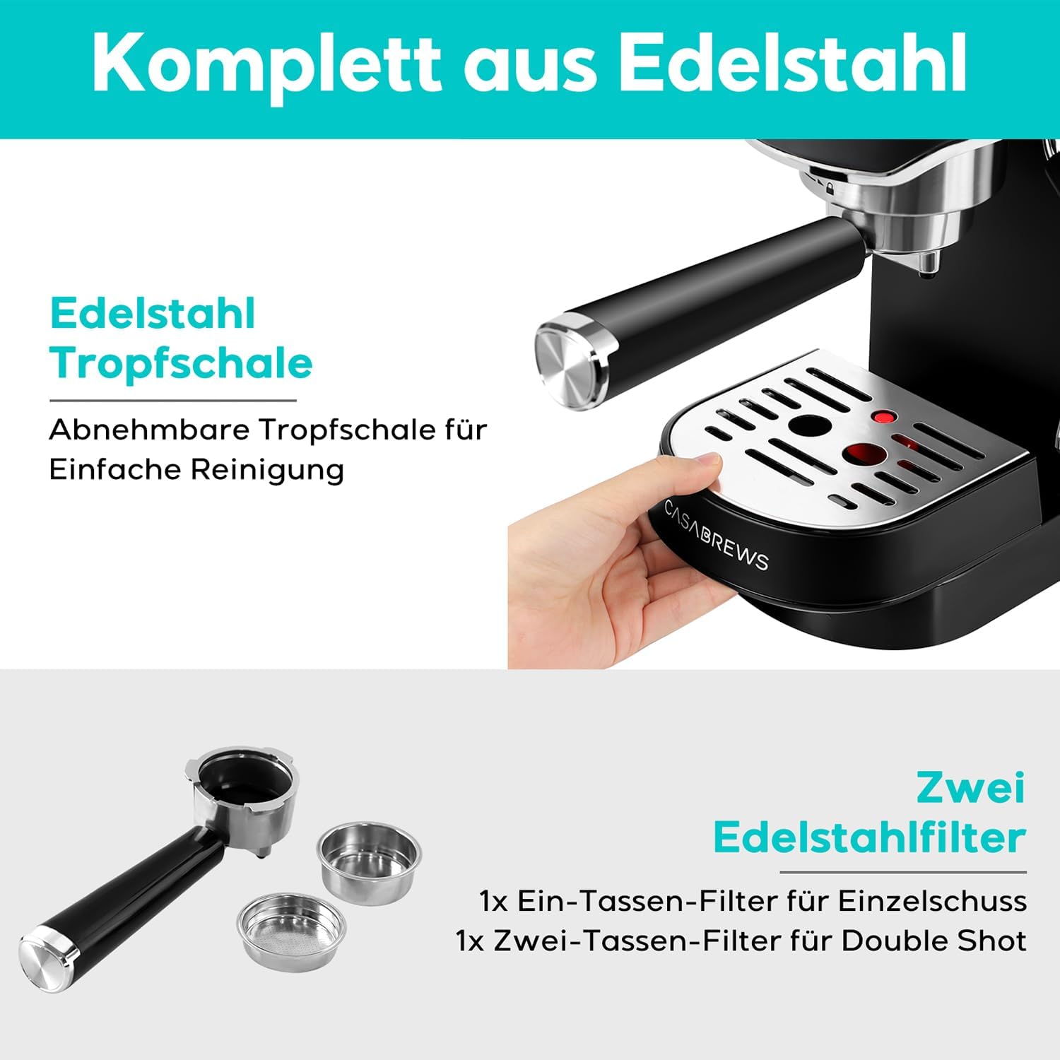 CASABREWS Espresso Siebträgermaschine 20 Bar, Edelstahl-Espressomaschine mit professionellem Milchaufschäumer, Klein Kaffeemaschine Espresso für Cappuccino, Latte & Macchiato, 1L Wassertank, Schwarz
