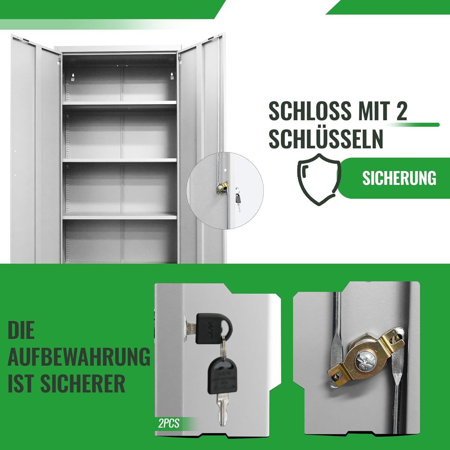 Ondis24 Aktenschrank, Mehrzweckschrank, Schloss, verstellbare Ablagen, Stabil, belastbar, Doppeltüren mit Türmagnet, Griffen Robust und sicher, werkzeugschrank, Büro, Werkstatt, Garage (Weiß 170)