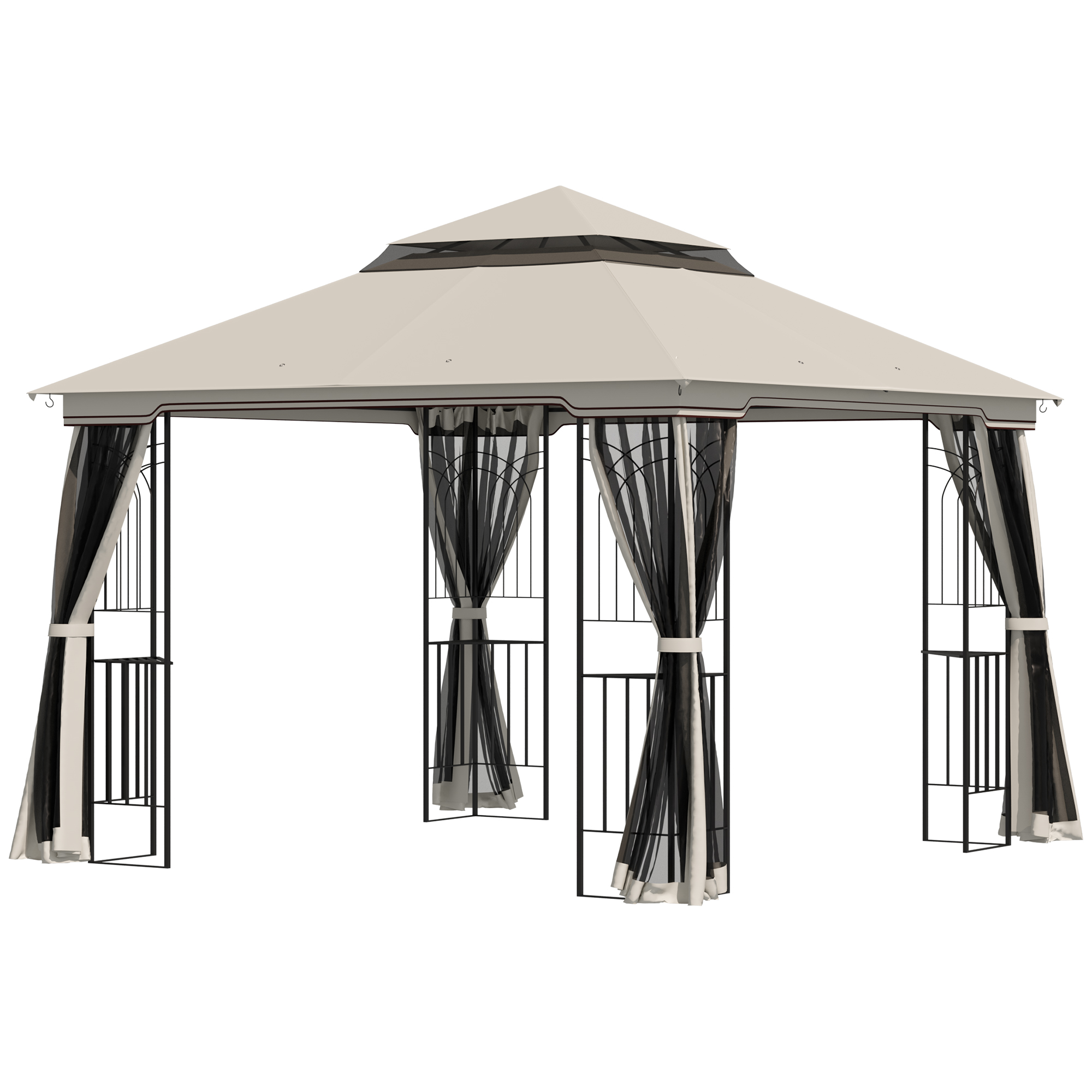 tuinprieel met dubbel dak tuinprieel partytent met 4 x zijwand metaal+polyester beige 2,99 x 2,99 x 2,74 m
