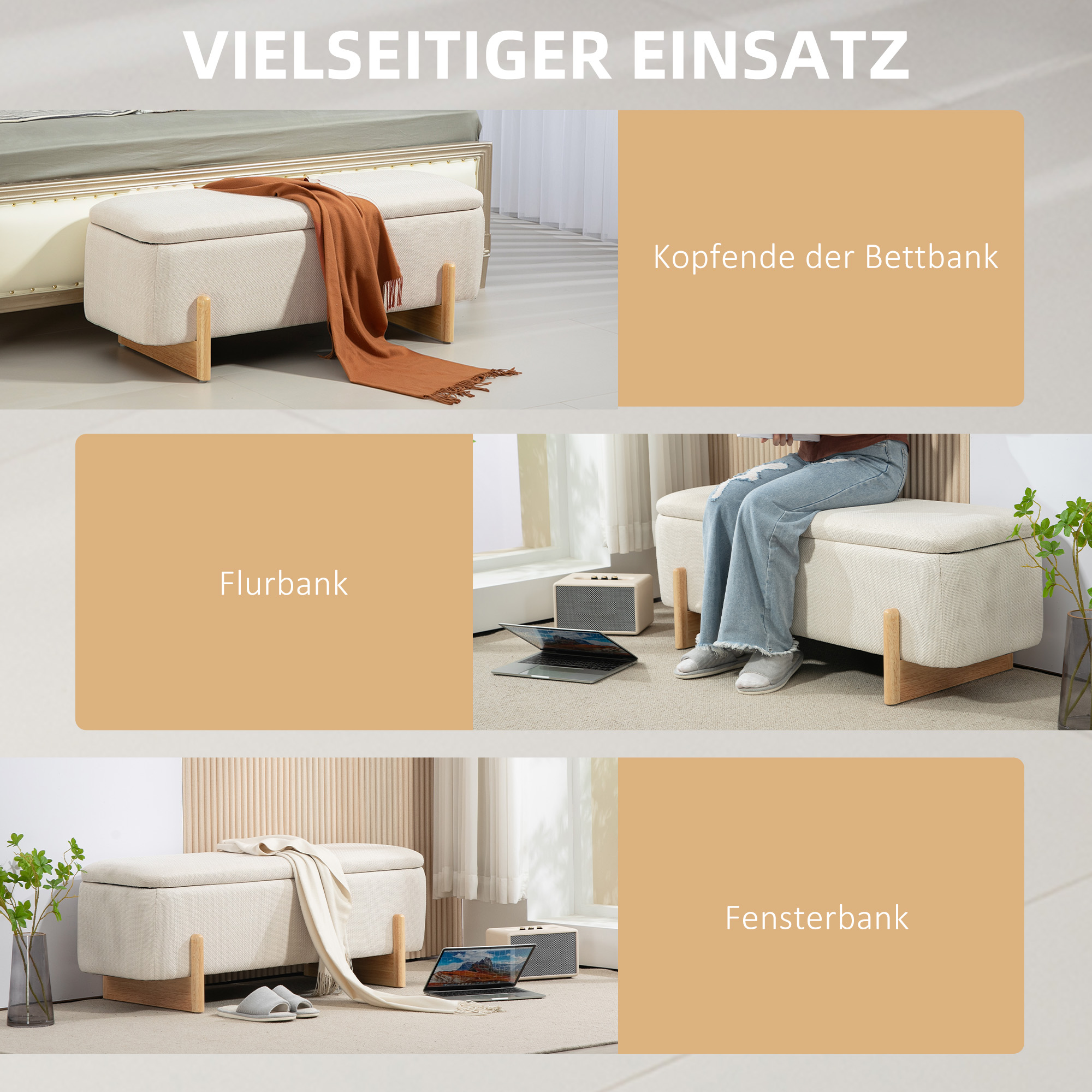 Kruk met Opbergruimte, Zitbank met Schuimstofpolstering, Linnenlook, 111 x 44 x 44,5 cm, Cr��mewit