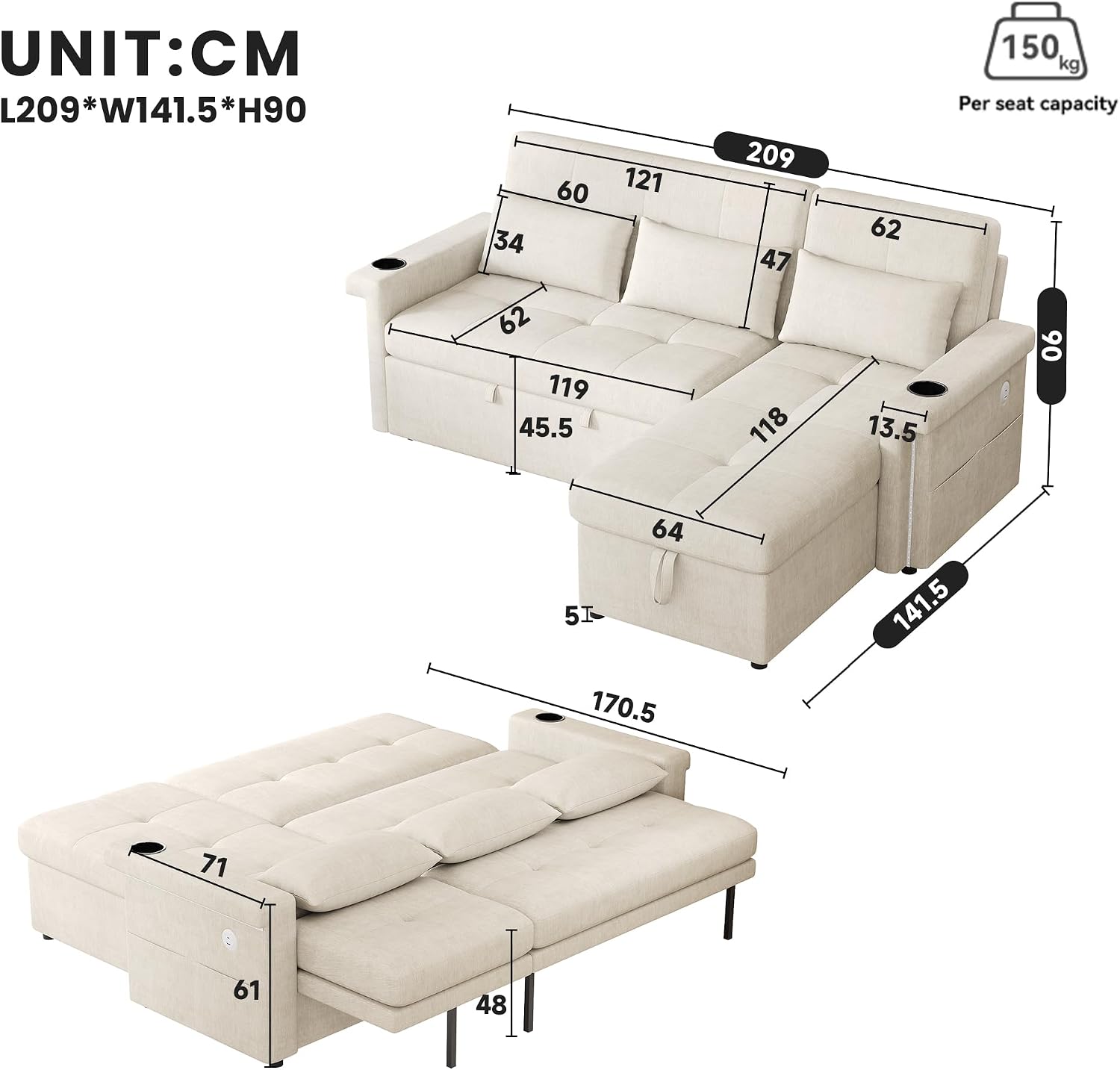 ladez Sofá Cama esquinero en Forma de L con función de Dormir con LED y Conexiones USB, Respaldo Ajustable, sofá esquinero de 3 plazas con Espacio de Almacenamiento, Chaise Longue para salón