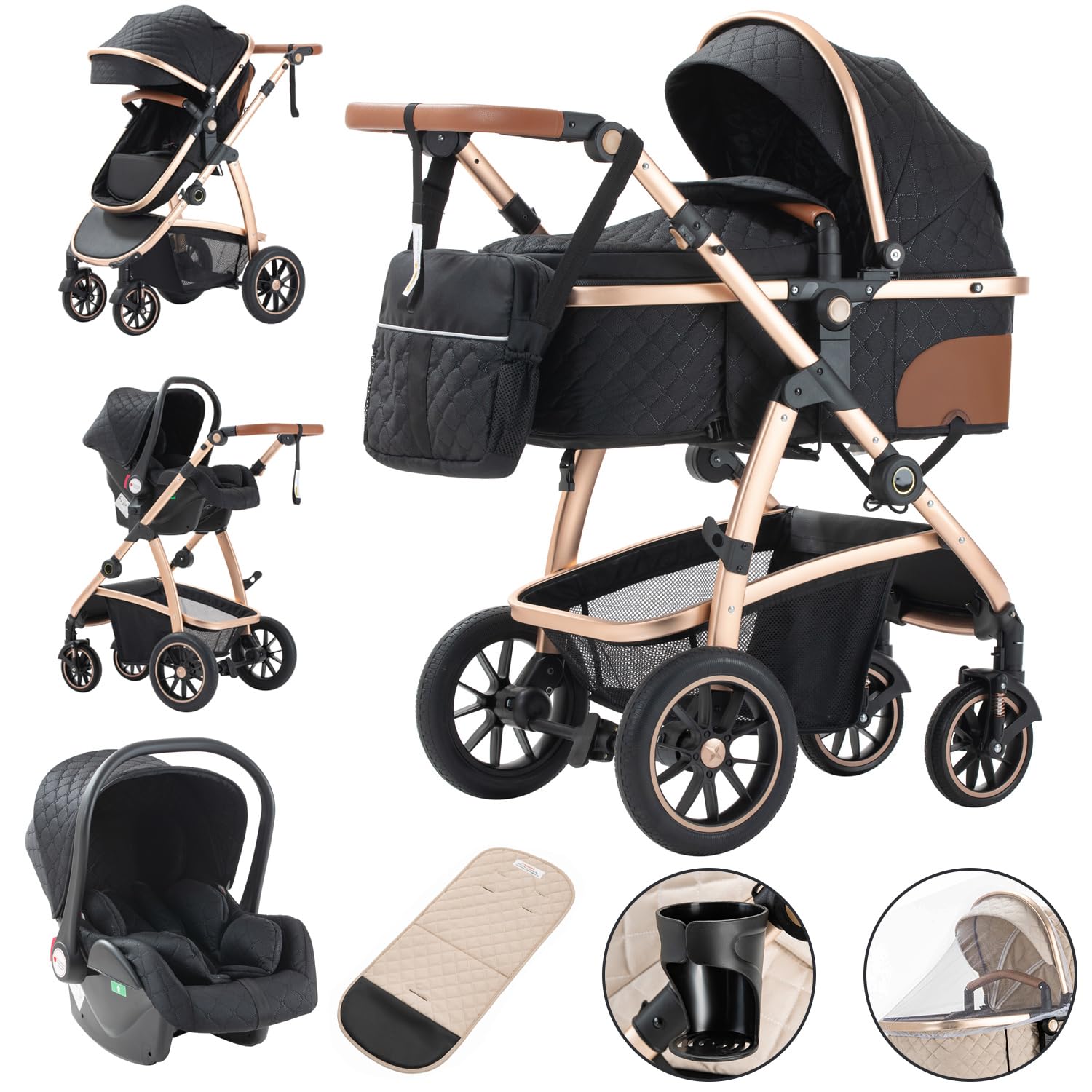 Gcarebb 3 in 1 Kinderwagen, Buggy Mit Auto Babyschale, Mit Höhenverstellbarer Kinderwagen Komplettset, KombiKinderwagen Mit Aluminiumrahmen für Neugeborene 0-4 Jahre