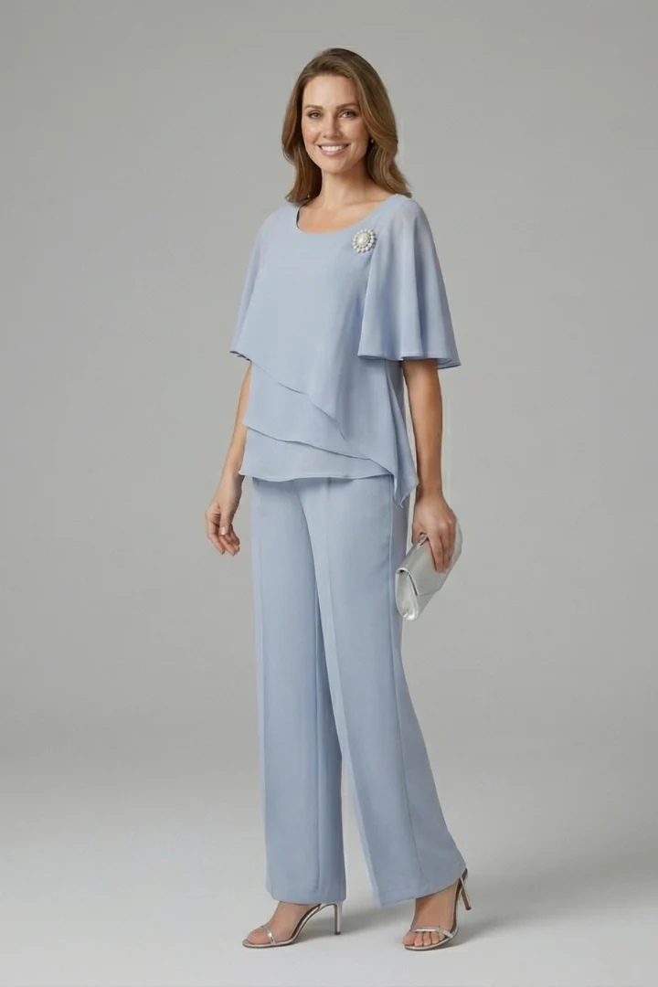 Damen Zweiteiler Set mit Lagenlook Oberteil und Hose mit geradem Bein | Modernes Set mit Rundhalsausschnitt und Schlupfhose