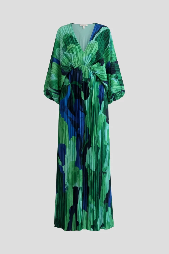 Maxikleid f��r Damen mit V-Ausschnitt und Plissee-Finish | Langarm Kleid mit geraffter Taille und Seitenschlitz gemustert