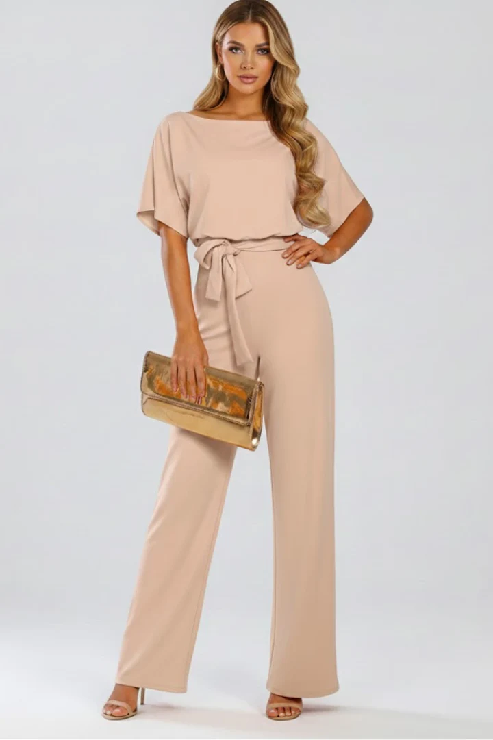 Damen Jumpsuit mit weitem Bein und G��rtel | Kurzarm Einteiler mit Rundhalsausschnitt | Flie?ender Hosenanzug f��r Damen