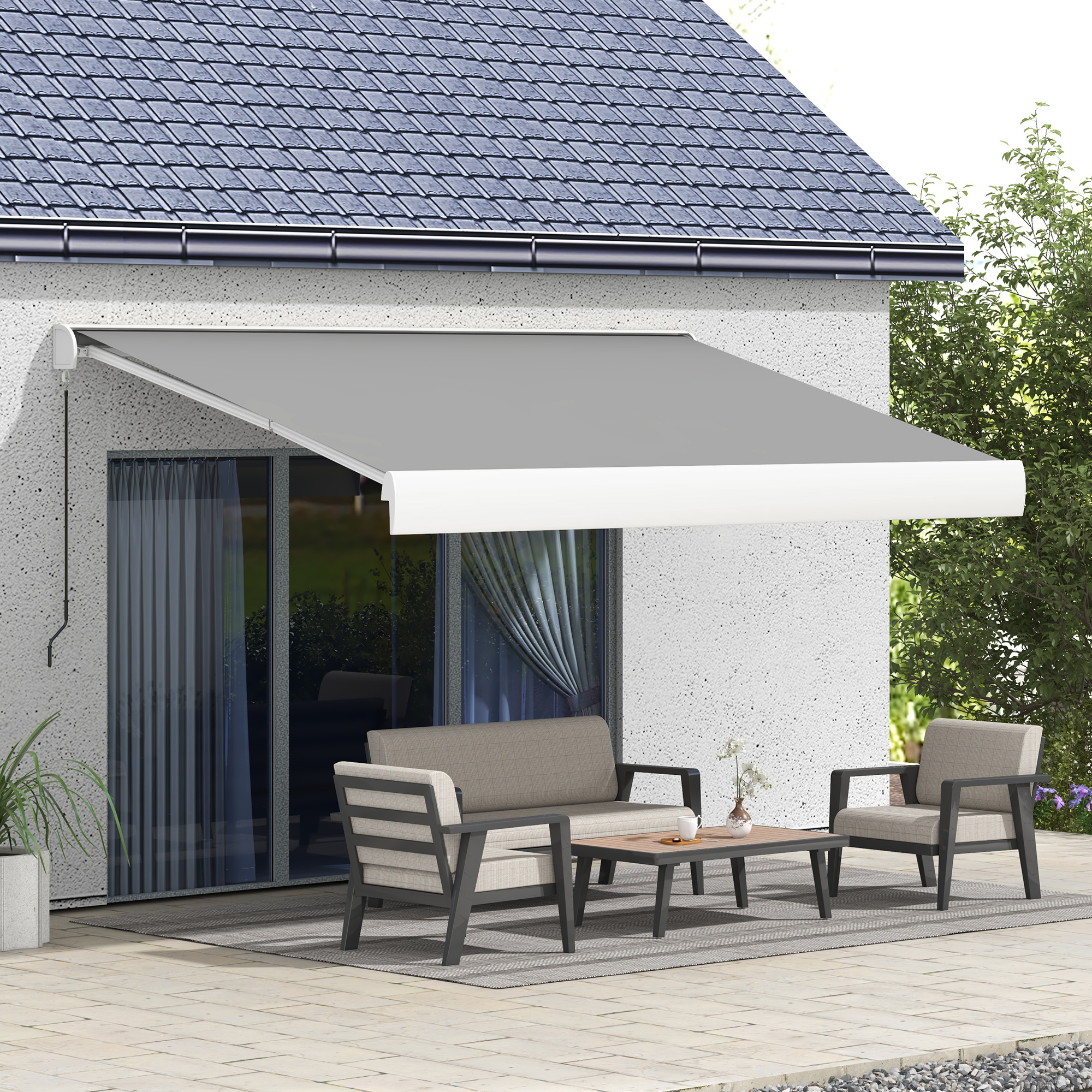 Outsunny Zonwering, elektrisch/handmatig uitschuifbaar, Volledige cassette, Afstandsbediening, Aluminium frame, 4 x 3 m, Lichtgrijs