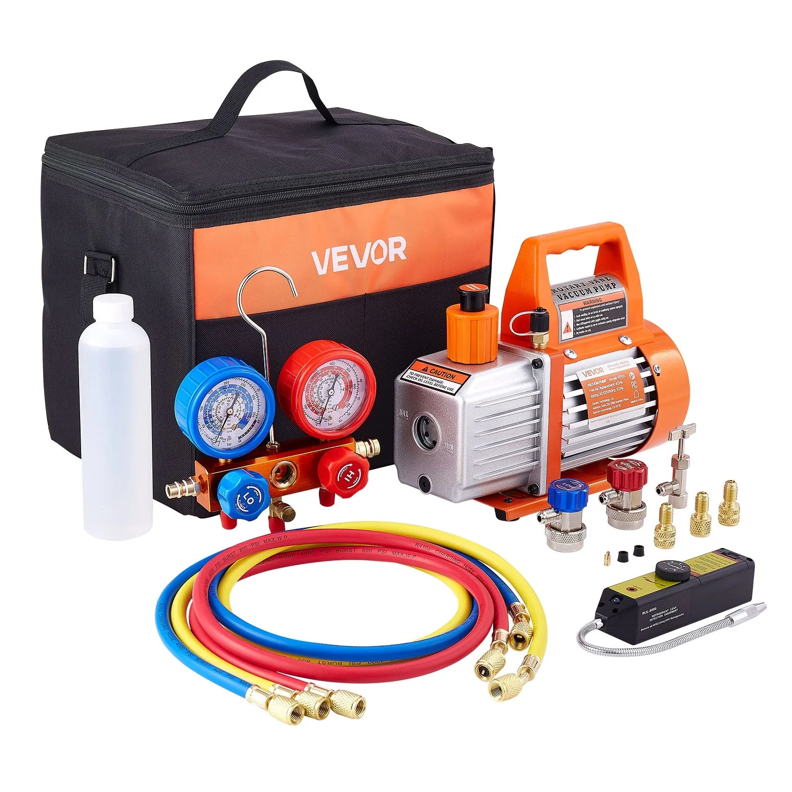 Bomba de vacío VEVOR de 1/3 HP y 4 CFM de una sola etapa con juego de manómetros y colector.