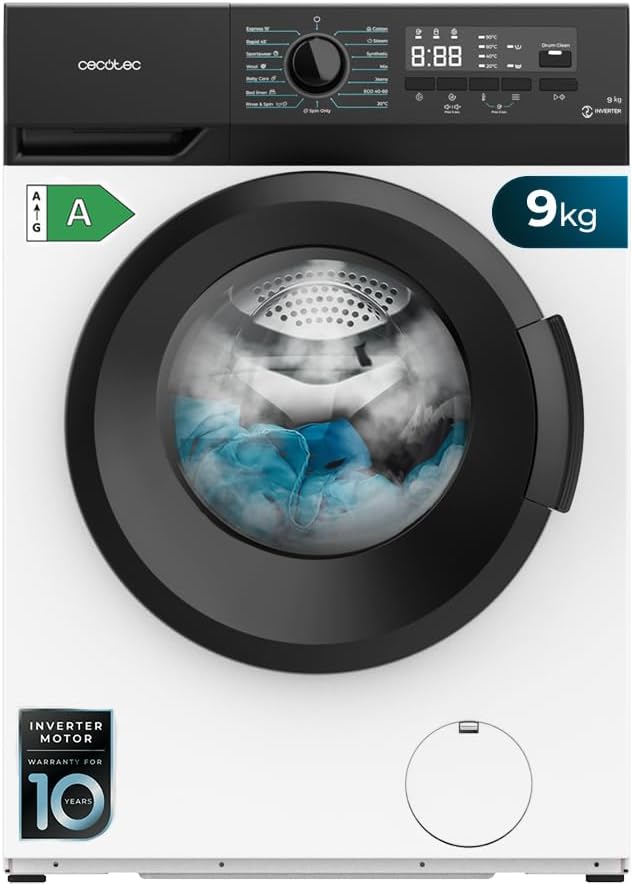 Cecotec Lavadora 8Kg de Carga Frontal Bolero DressCode 8300 Inverter A. 1950W, Revoluciones Programables hasta 1400 rpm, 15 Programas, Bajo Consumo, Motor Inverter Plus, Vapor SteamMax