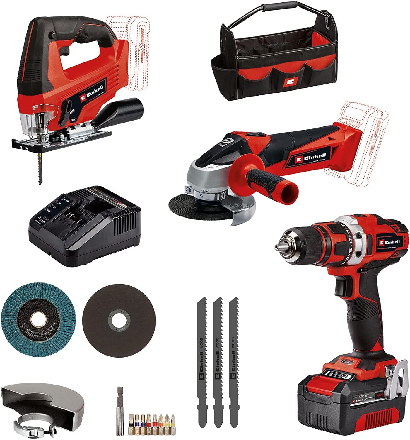 EinhellAkku-Bohrschrauber TE-CD 18/40 + Akkus: Winkelschleifer TC-AG 18/115 Li + Stichsäge TC-JS 18 Li Power X-Change (18 V, inkl. 1x 4,0 Ah Akku, Ladegerät, Zubehör, Tasche)