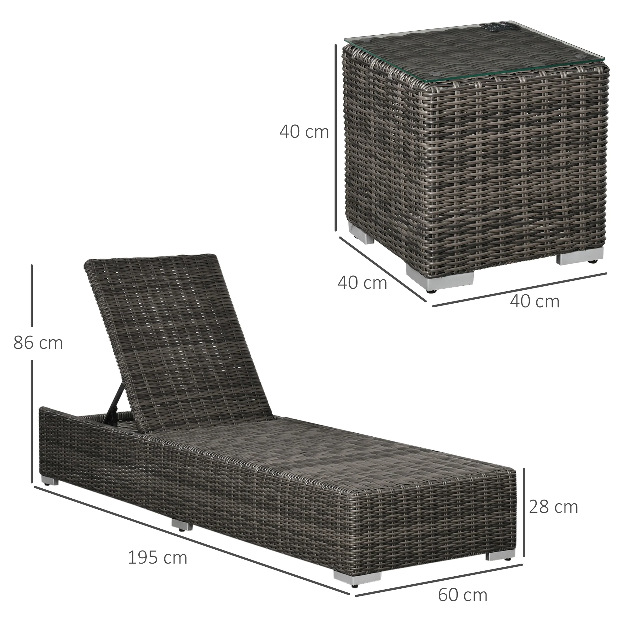 Outsunny poly rotan ligstoel met bijzettafel verstelbaar 60 x 195 x 86 cm