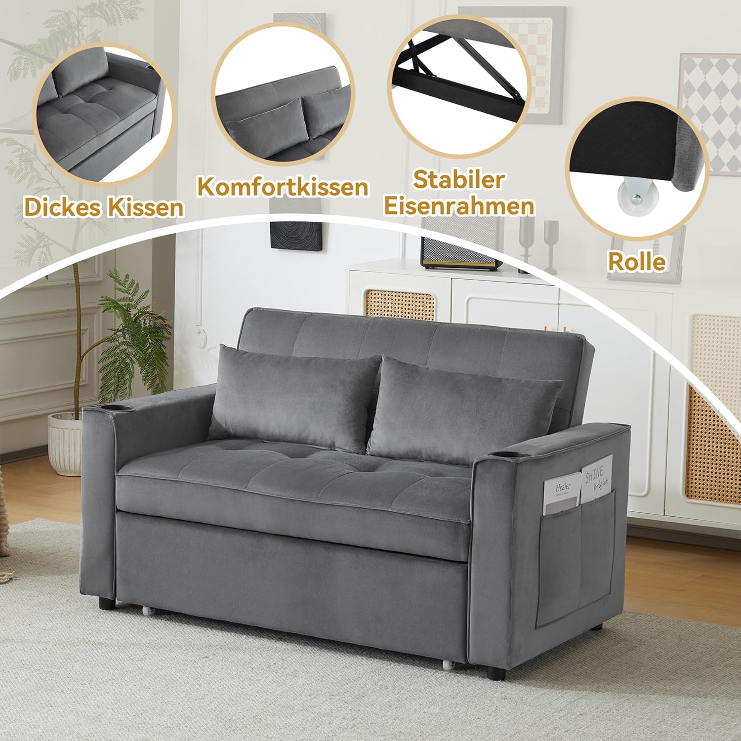 Merax Schlafsofa 2-Sitzer Sofa mit Schlaffunktion, Klappbares 3-in-1 Schlafcouch mit Verstellbarer Rückenlehne, Getränkehalter und Armlehnentaschen, aus Samt, Grau 137 x 76.5 x 83 cm