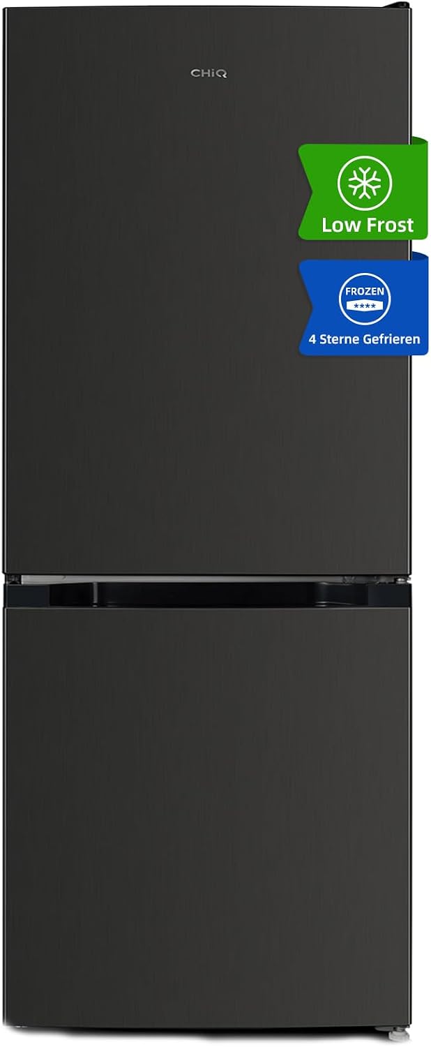 CHIQ Freistehender Kühlschrank mit Gefrierfach | Kühl-Gefrierkombination 114 cm Höhe, 47 cm Breit, 117L| 4 Sterne Gefrieren -24℃ | LED Litcht | Dunkler Edelstahl Look, for Eigentumswohnungen
