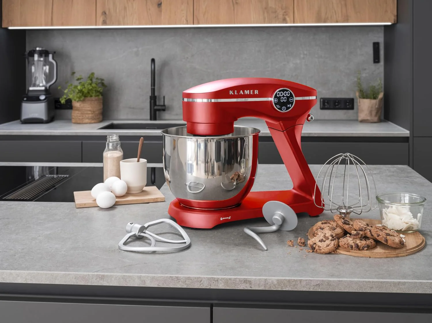 KLAMER Keukenmachine 1800W, Kneedmachine Brooddeeg met RVS Mengkom 6 L, 10 Snelheden met Timer, Planetaire Menging, Klopper, Deeghaak, Garde & Spatscherm (zwart)