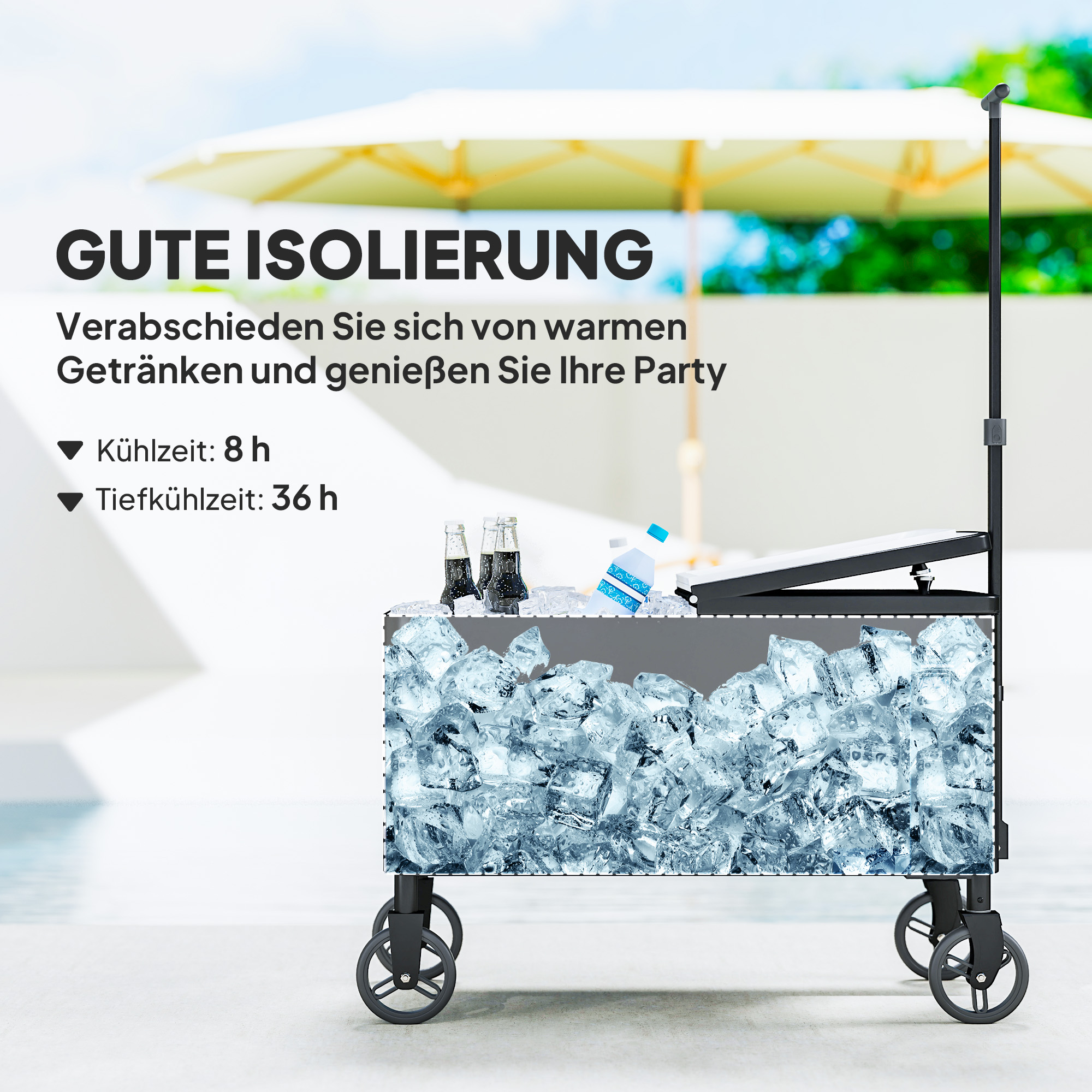 76L Koelwagen Serveerwagen met Wielen, Flessenopener, Deksel, Grepen, Verrijdbare Koelbox Zwart