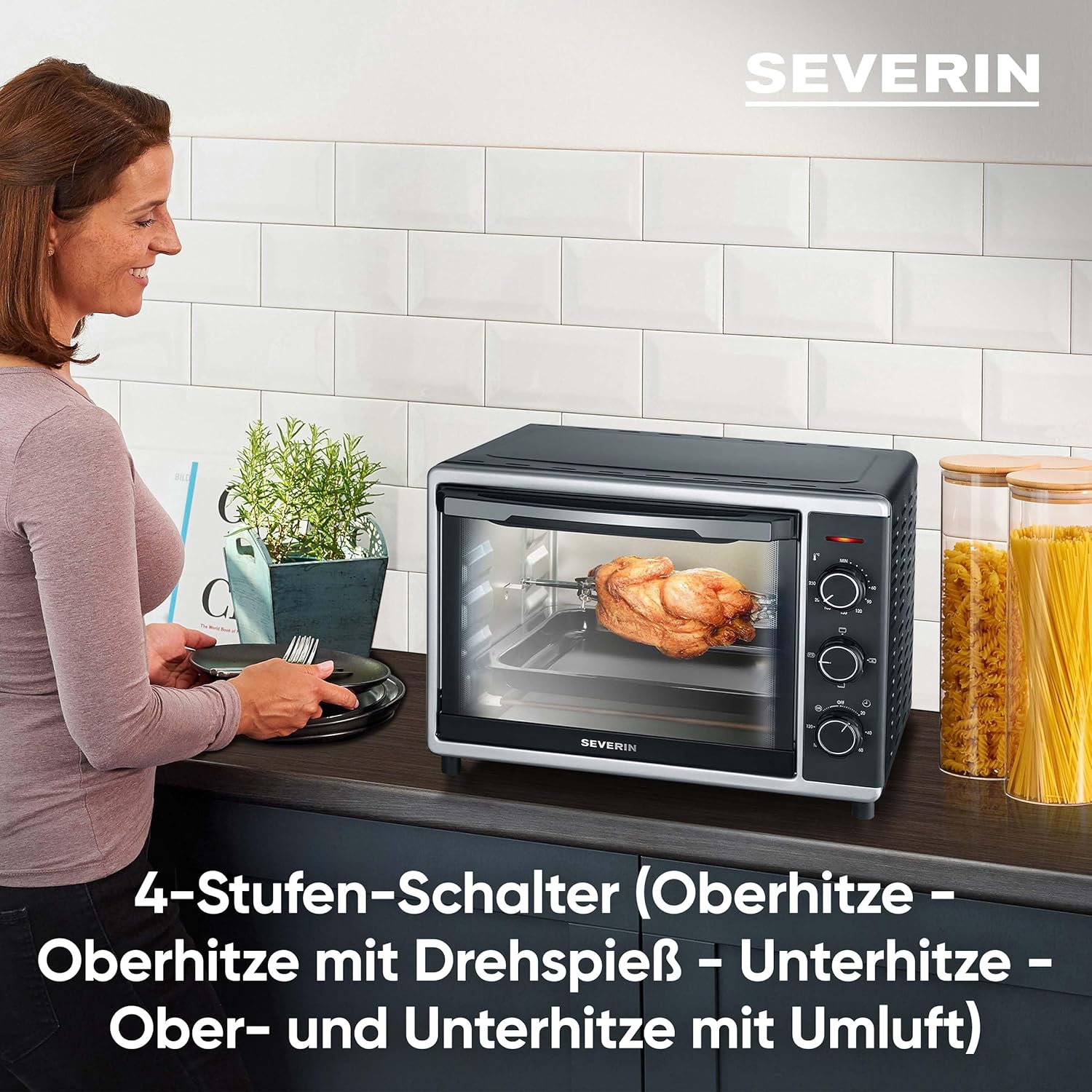 SEVERIN Back- und Toastofen mit Umluftfunktion, Mini Backofen mit Grillrost, Backblech, Drehspie und Pizzastein, vielseitiger Heiluftofen mit 42 L Kapazitt, 1.800 W, schwarz, TO 2058